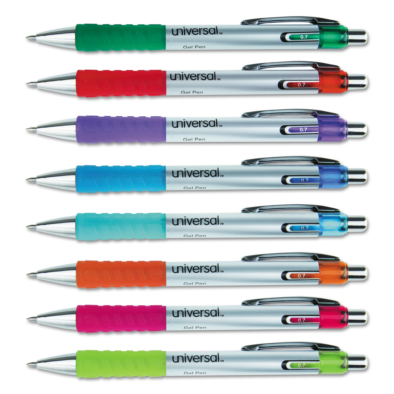  Universal 39725 Comfort Grip Retractable Gel Pen, 0.7mm, Assorted Ink, Silver Barrel, 8/Set (UNV39725) 