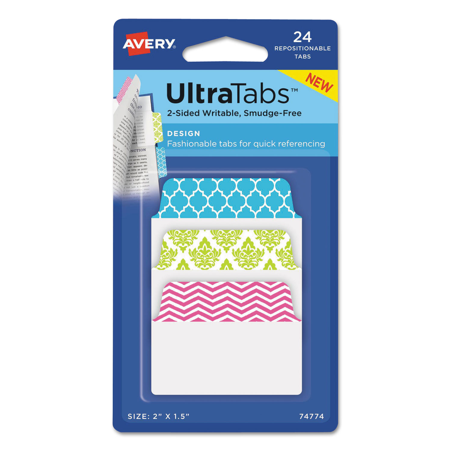 Ultra Tabs Repositionable Standard Tabs, 1/5-Cut Tabs, Assorted Patterns, 2" Wide, 24/Pack