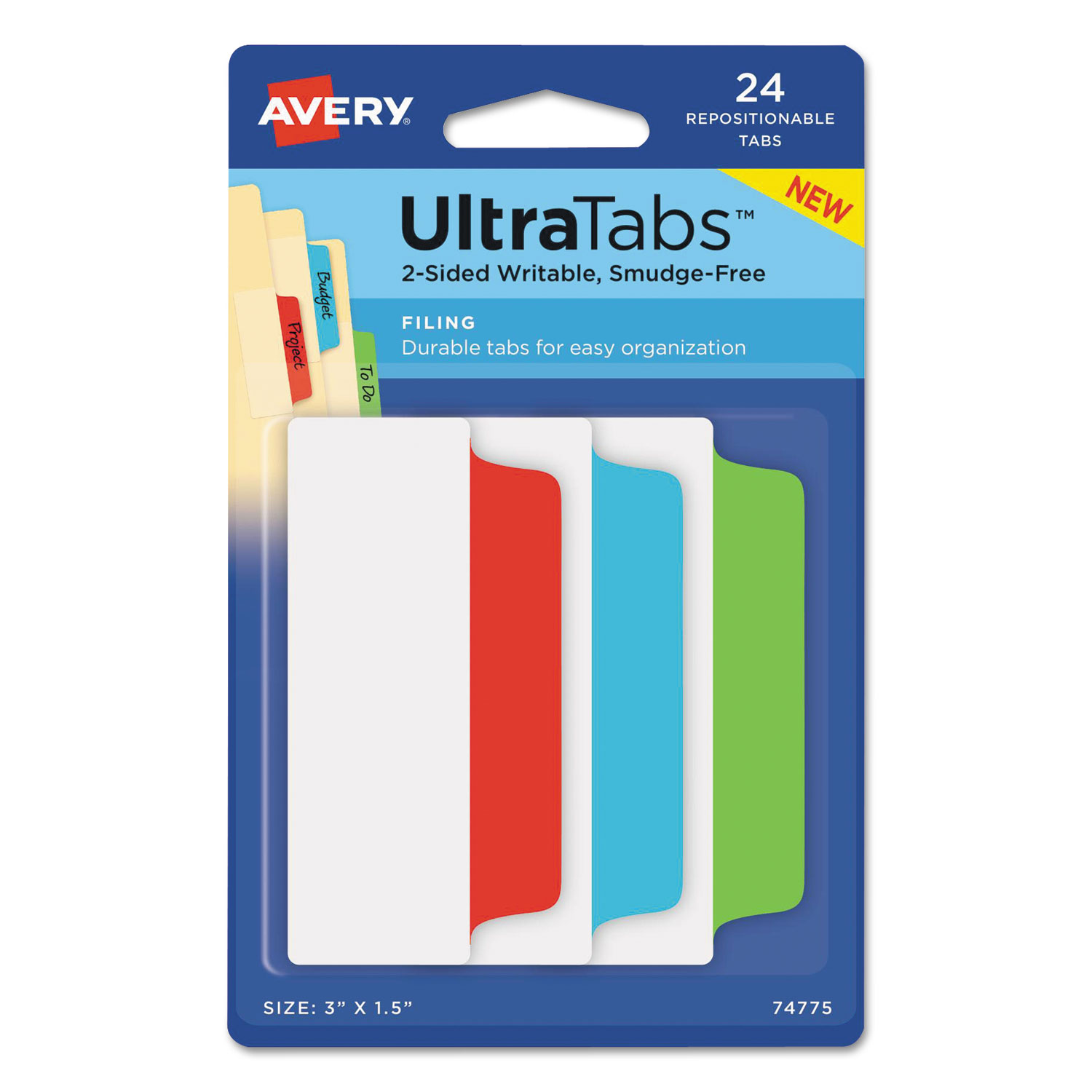 Ultra Tabs Repositionable Wide Tabs, 1/3-Cut Tabs, Assorted Primary Colors, 3" Wide, 24/Pack