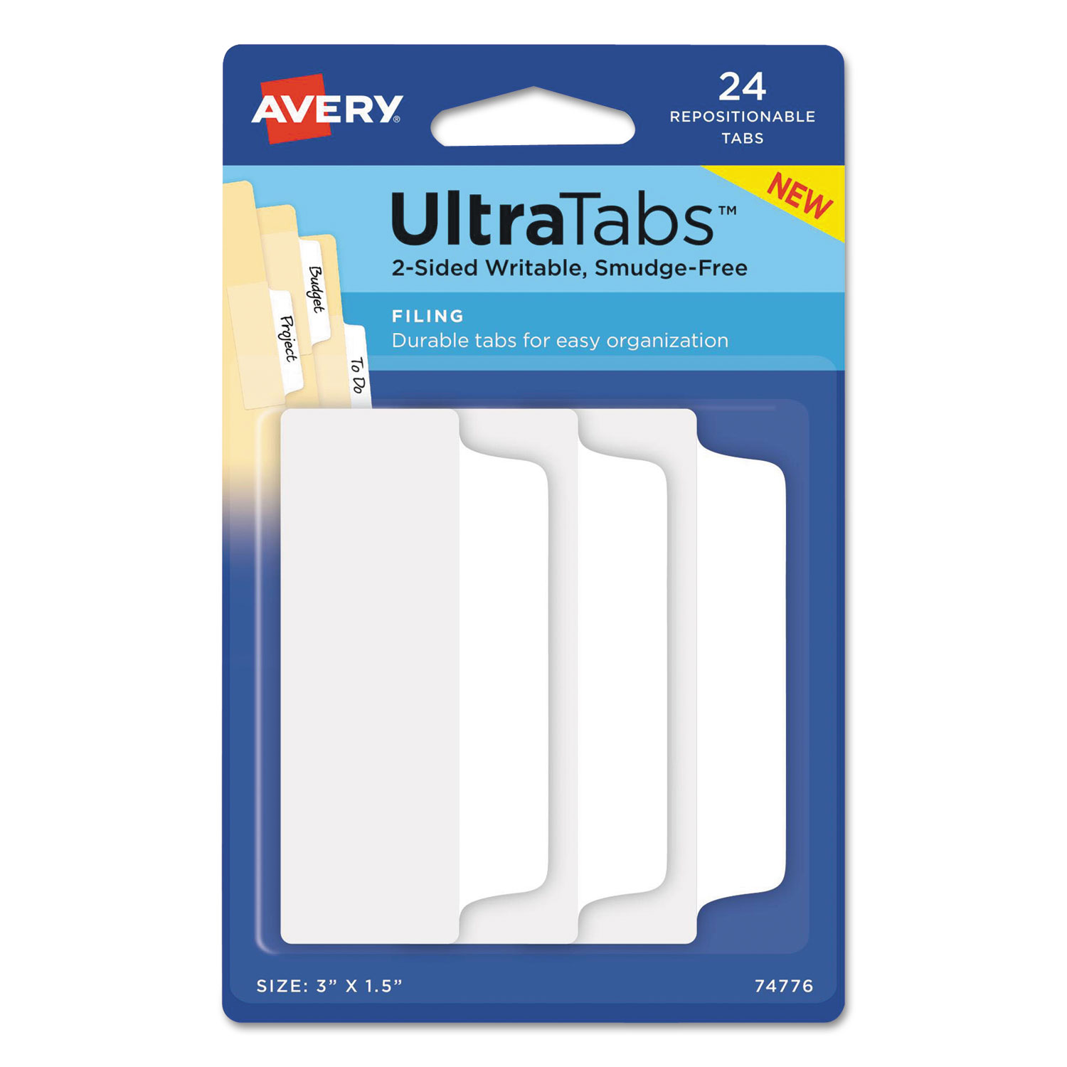 Ultra Tabs Repositionable Wide Tabs, 1/3-Cut Tabs, White, 3" Wide, 24/Pack