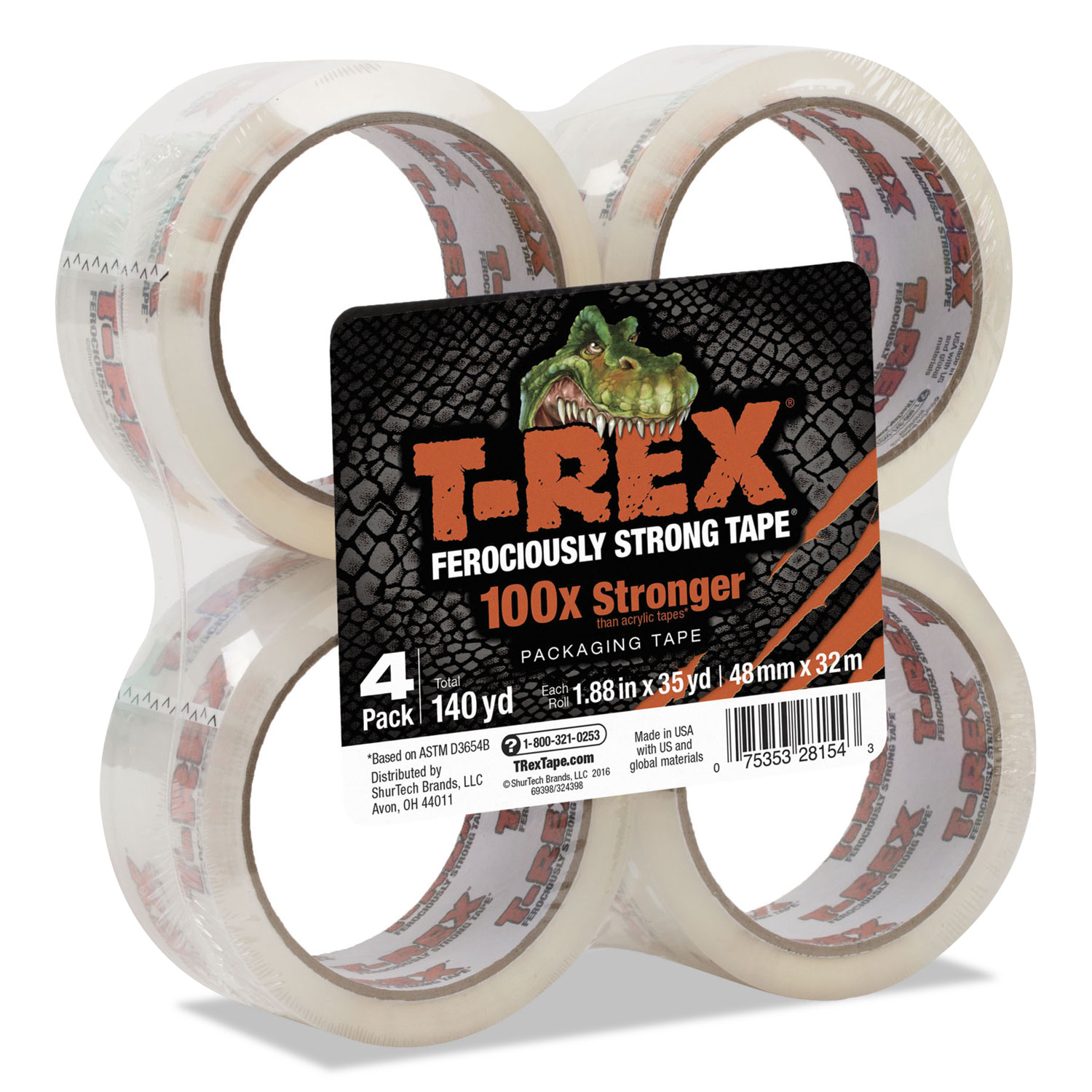  T-REX 285045 Packaging Tape, 1.88 Core, 1.88 x 35 yds, Crystal Clear, 4/Pack (DUC285045) 