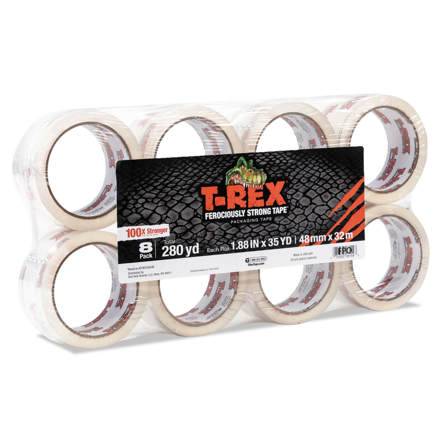  T-REX 285723 Packaging Tape, 1.88 Core, 1.88 x 35 yds, Crystal Clear, 8/Pack (DUC285723) 