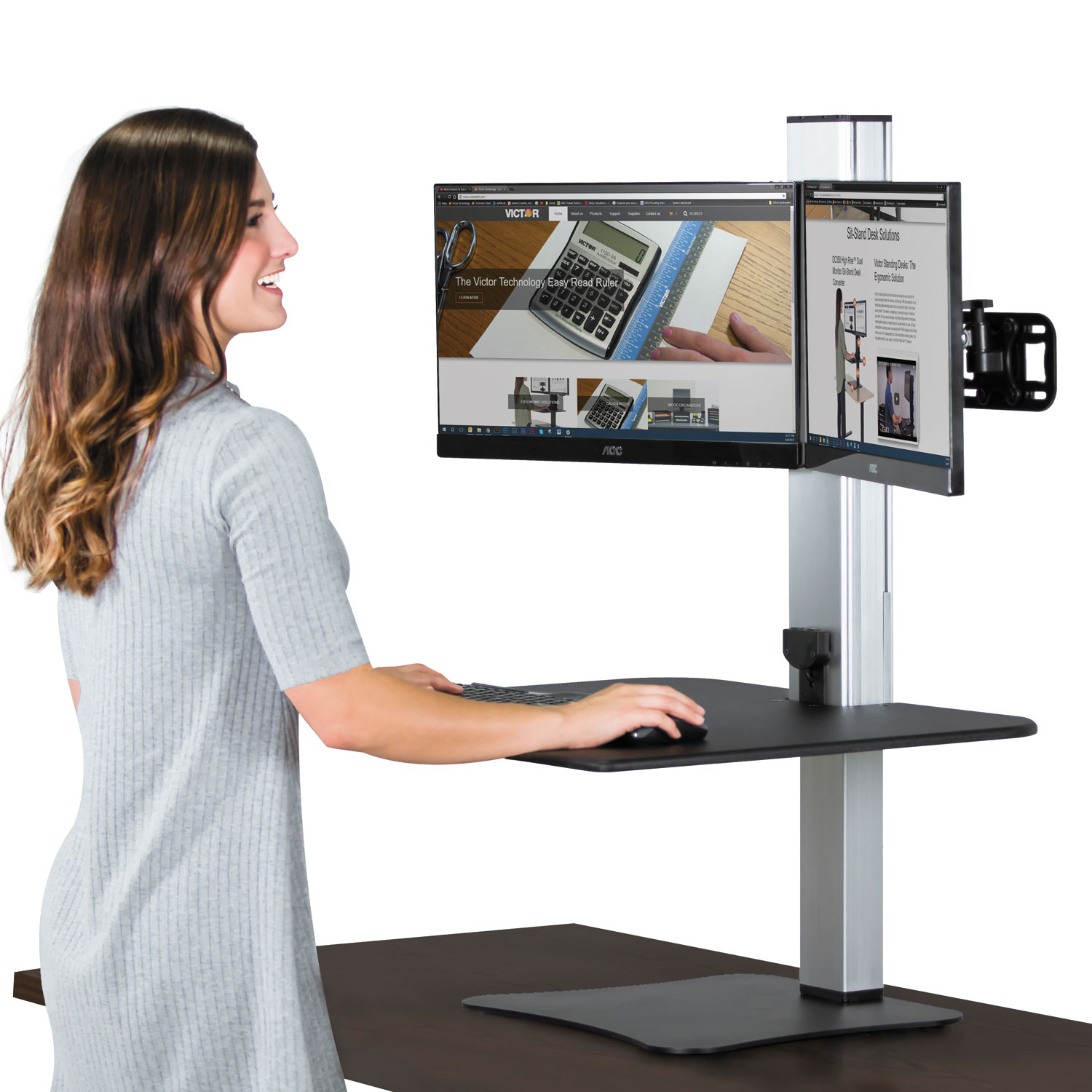  Victor DC450 DC450 High Rise Electric Dual Monitor Standing Desk Workstation, 28w x 23d x 20.25h, Black/Aluminum (VCTDC450) 