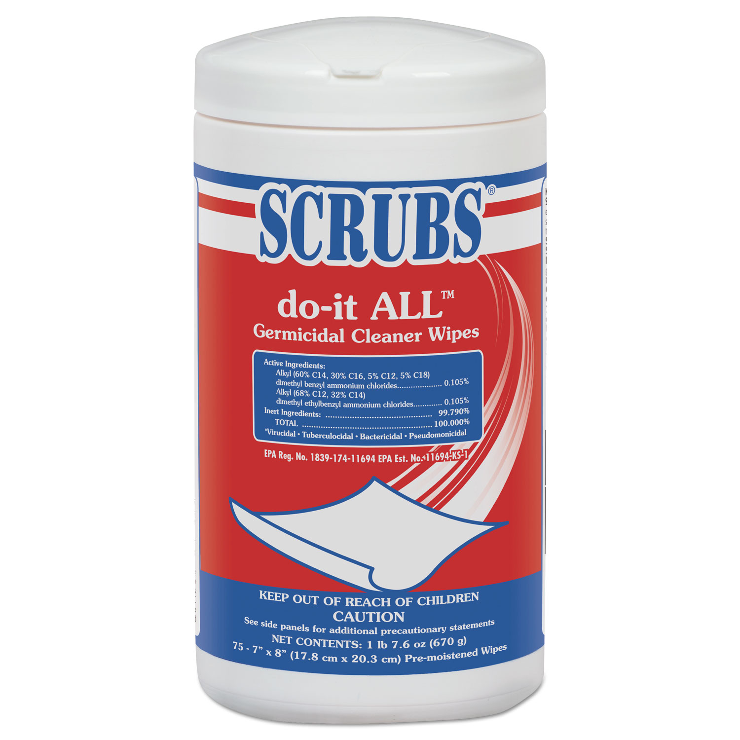  SCRUBS 98075 do-it ALL Germicidal Cleaner Wipes, Lemon, 7 x 8, White, 75/Container (ITW98075EA) 