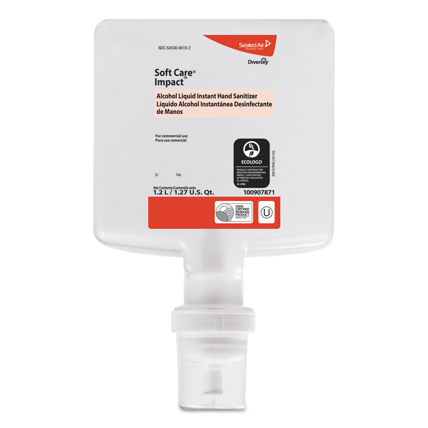  Diversey 100907871 Soft Care Impact Liquid Hand Sanitizer, 1.2 L Cartridge, Alcohol, 6/Carton (DVO100907871) 