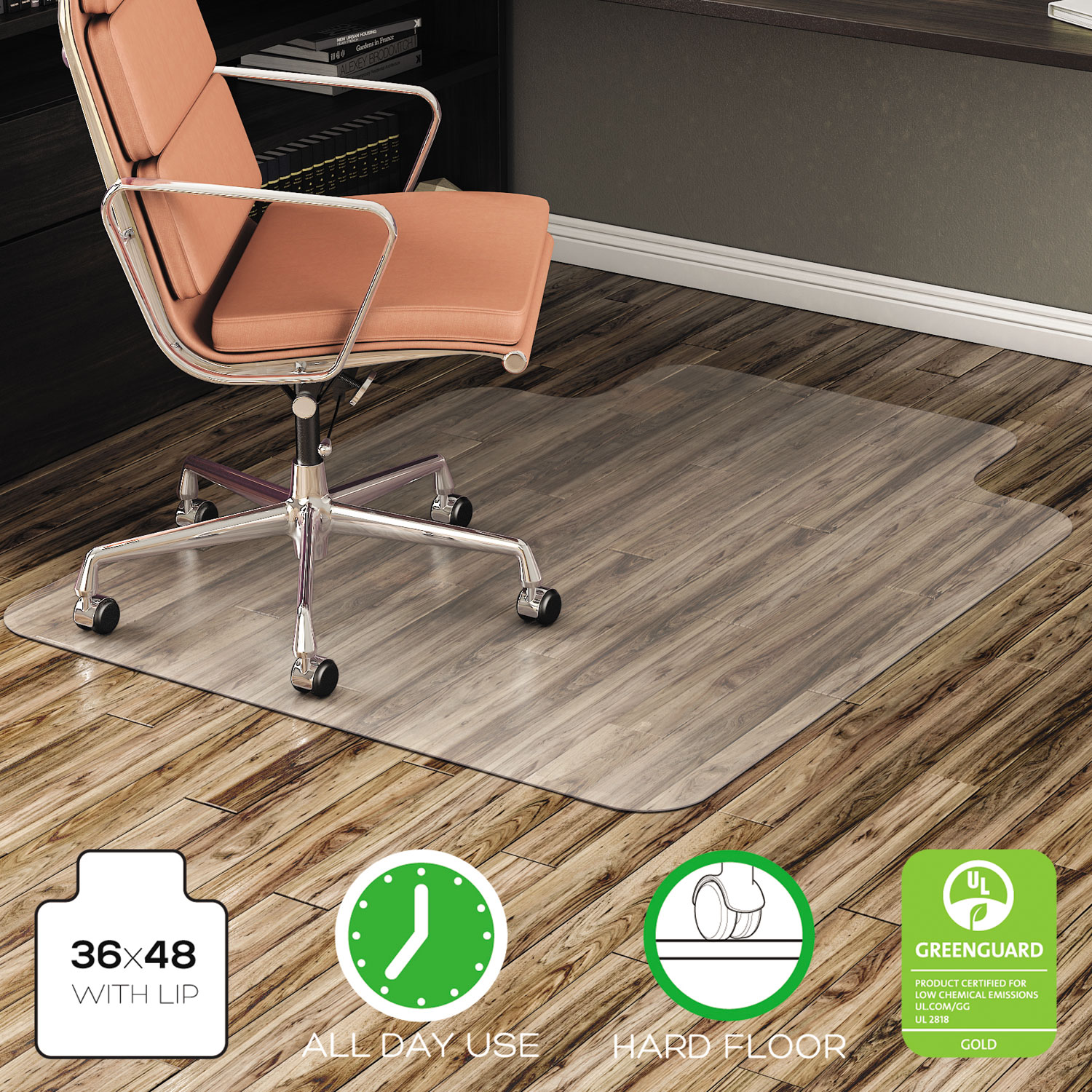Non-Studded Chair Mat for Hard Floor, 36 x 48, with Lip, Clear