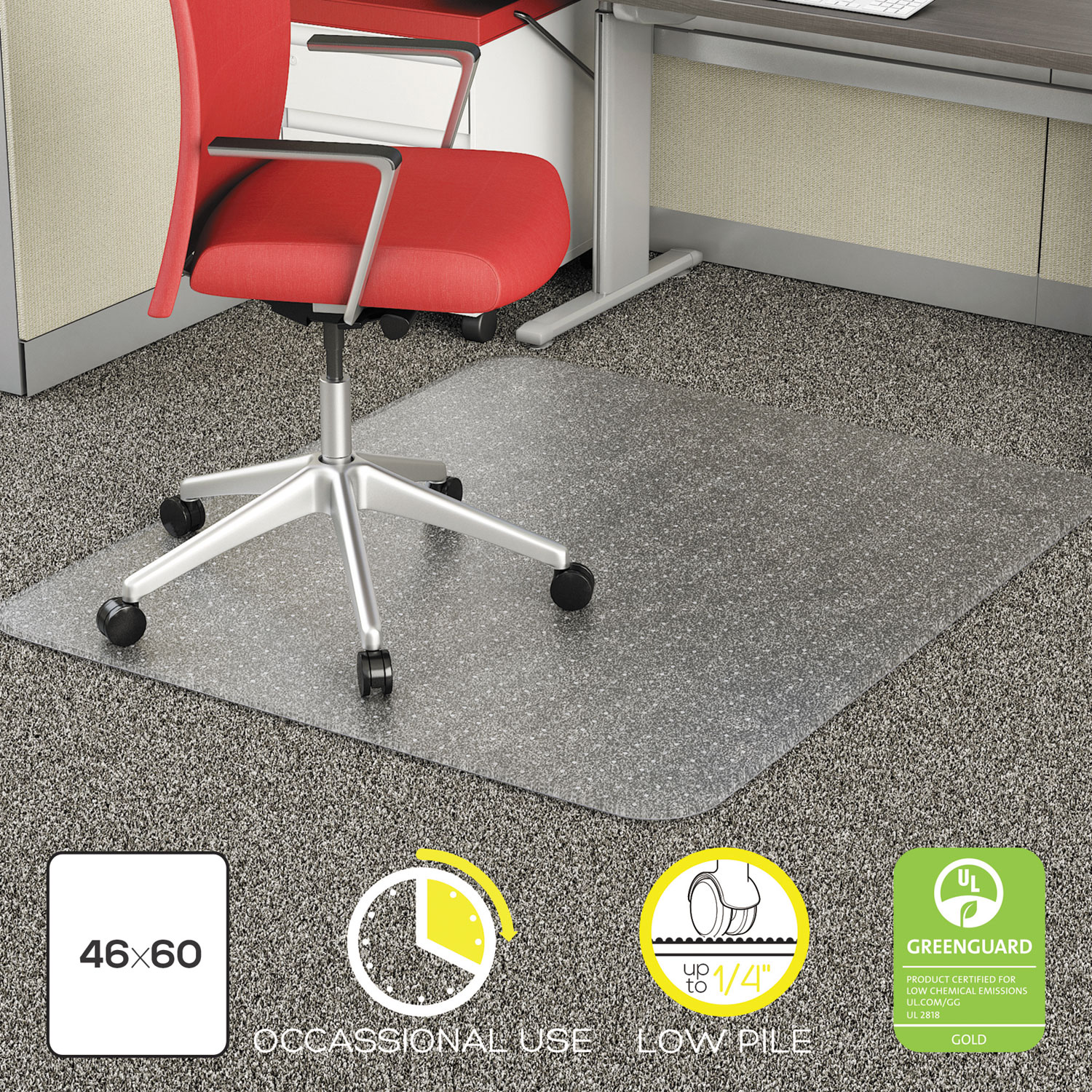 Occasional Use Studded Chair Mat for Flat Pile Carpet, 46 x 60, Rectangular, CR