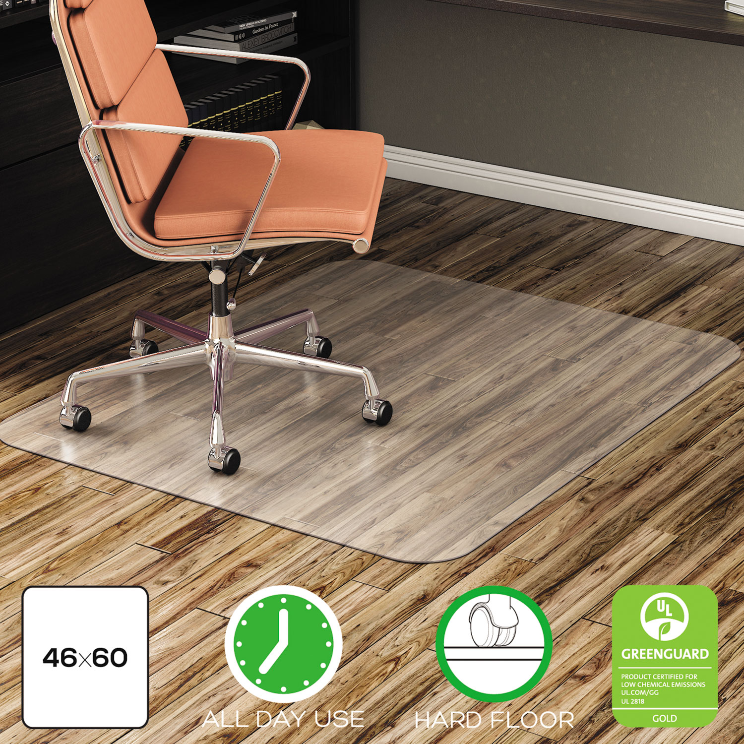Non-Studded Chair Mat for Hard Floor, 36 x 48, Clear