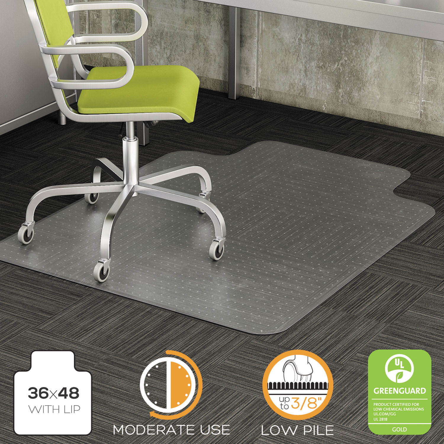  deflecto CM13113COM DuraMat Moderate Use Chair Mat, Low Pile Carpet, Roll, 36 x 48, Lipped, Clear (DEFCM13113COM) 