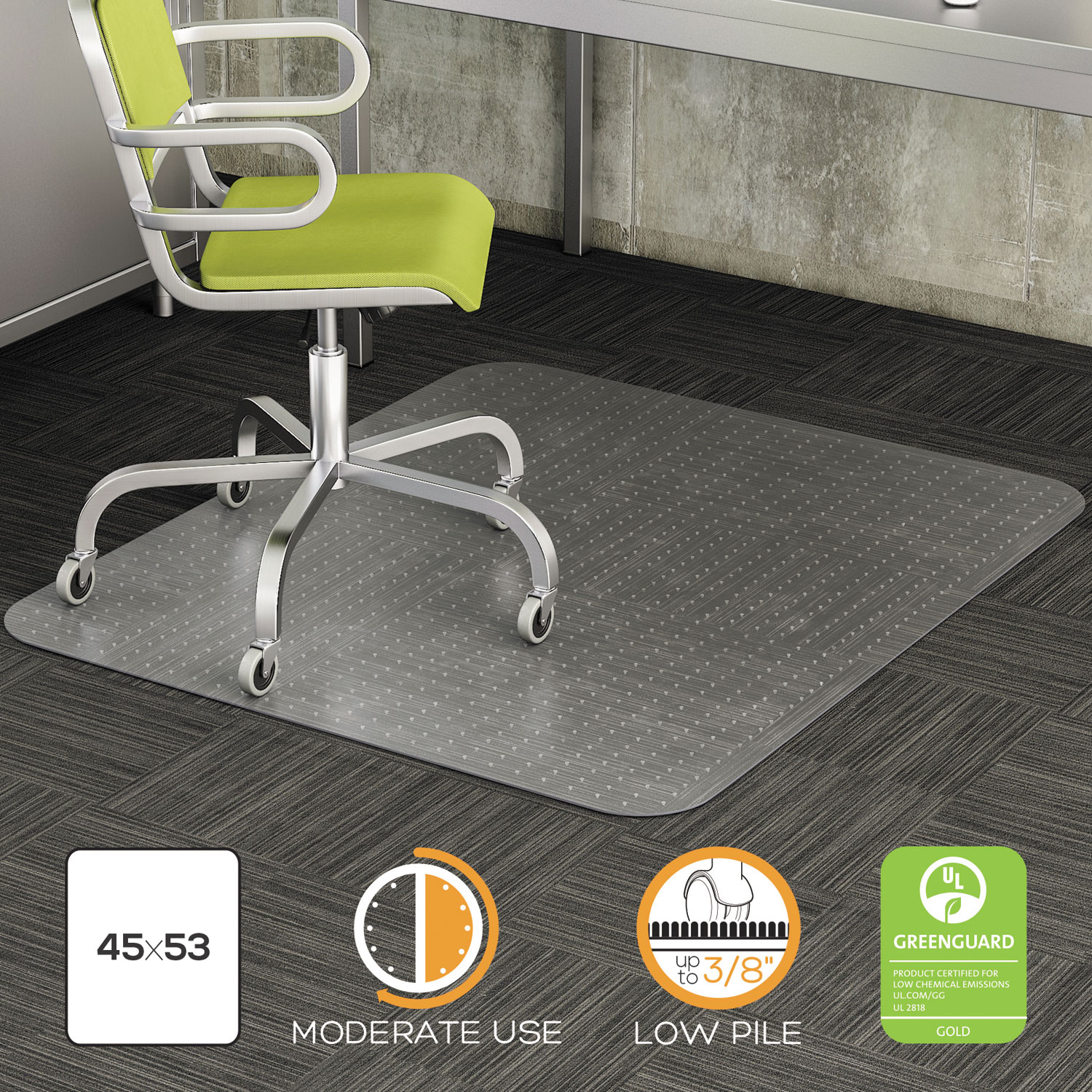  deflecto CM13242 DuraMat Moderate Use Chair Mat, Low Pile Carpet, Flat, 45 x 53, Rectangle, Clear (DEFCM13242) 