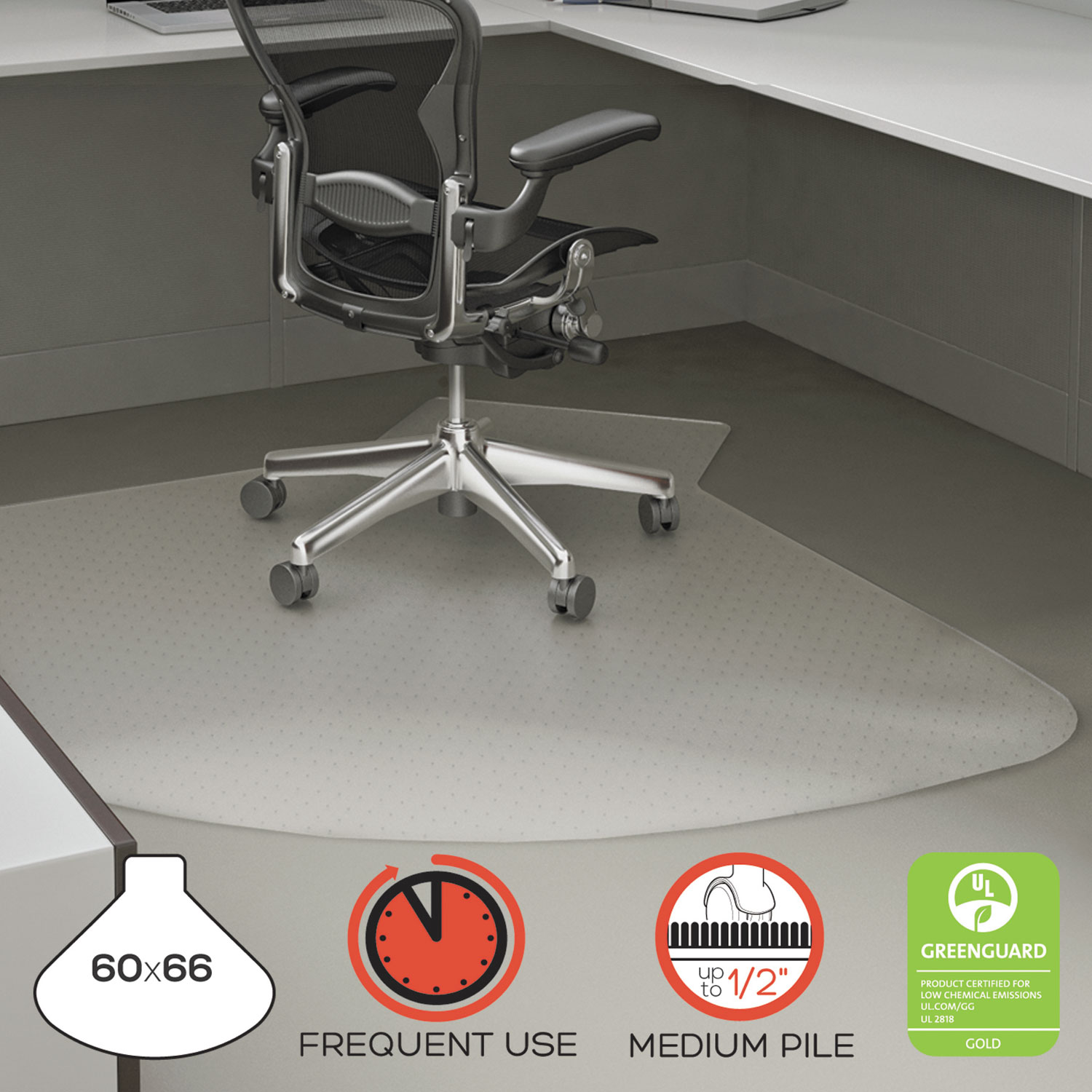  deflecto CM14002K SuperMat Frequent Use Chair Mat, Medium Pile Carpet, 60 x 66, L-Shape, Clear (DEFCM14002K) 