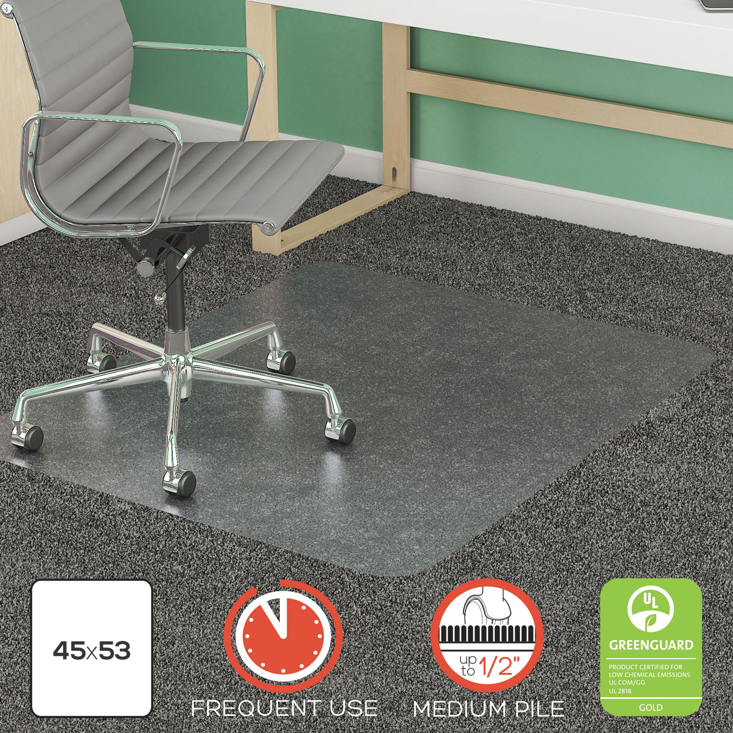 SuperMat Frequent Use Chair Mat, Med Pile Carpet, Flat, 45 x 53, Rectangular, CR