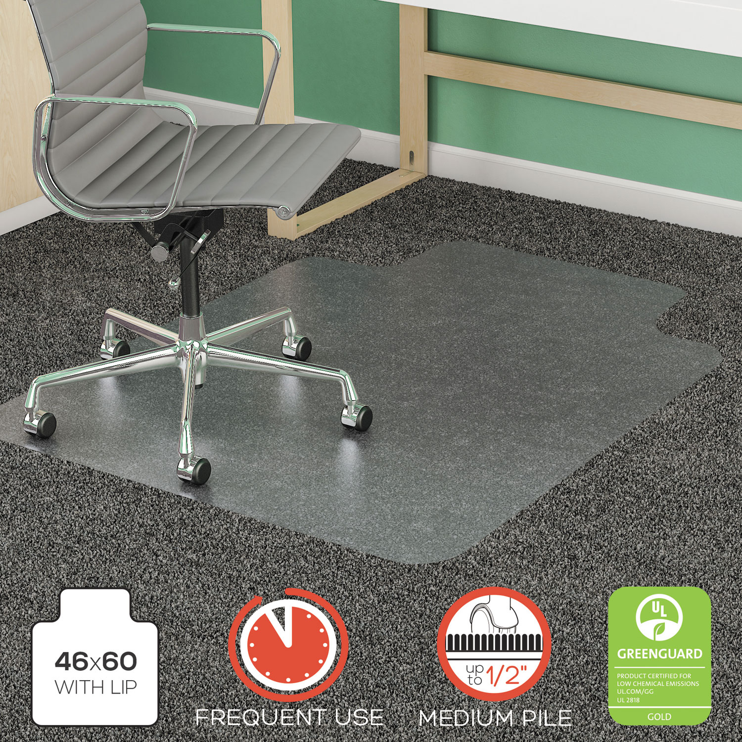 SuperMat Frequent Use Chair Mat, Rectangle, 46 x 60, Medium Pile, Lip, Clear
