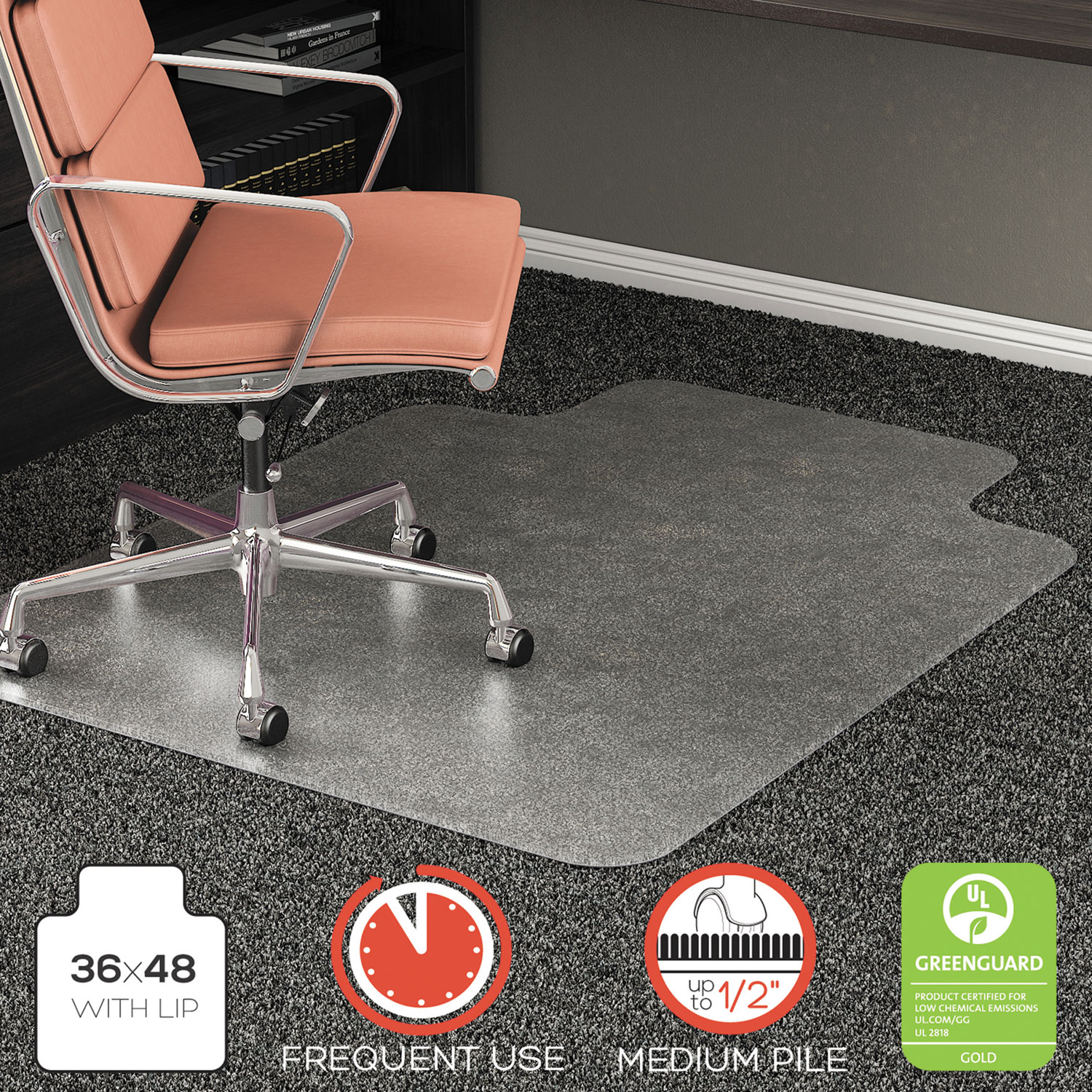 RollaMat Frequent Use Chair Mat for High Pile Carpet, Lip, 36 x 48, Clear
