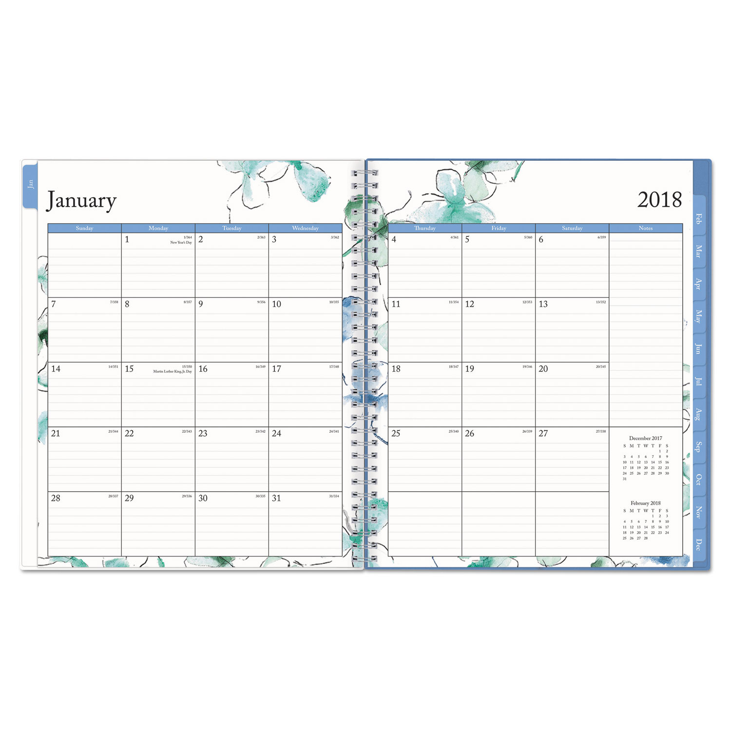 Lindley Monthly Wirebound Planner, 8 x 10, White/Blue, 2018