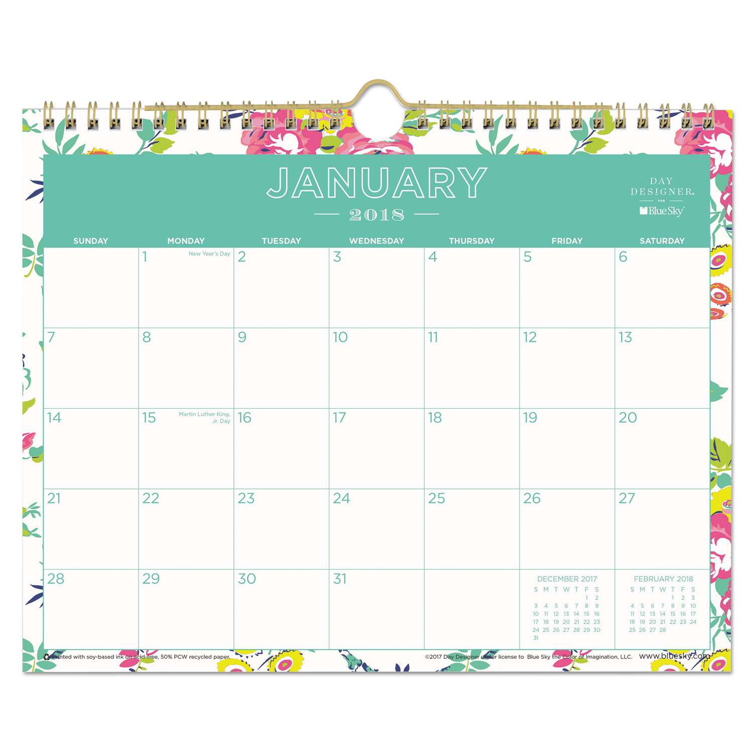 Day Designer Wirebound Wall Calendar, 11 x 8 3/4, White Floral, 2018