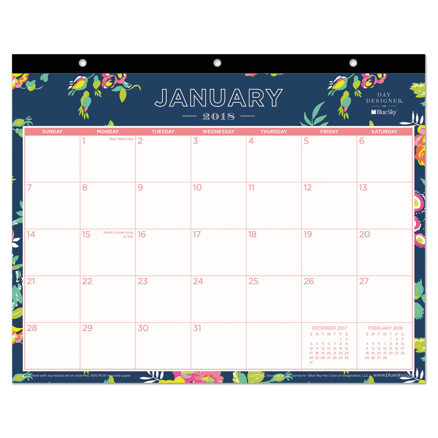 Day Designer Tablet Calendar, 11 x 8 3/4, Navy Floral, 2018