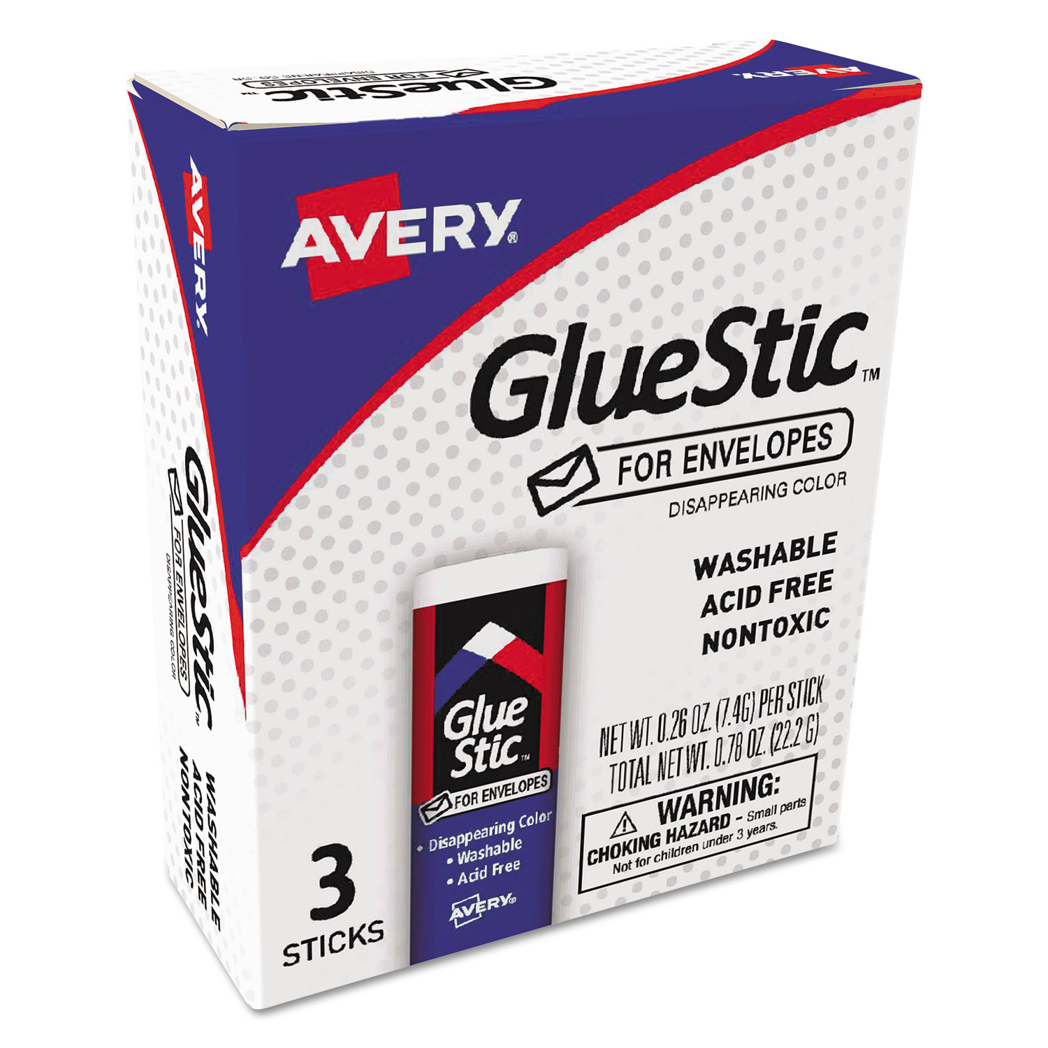  Avery 00134 Permanent Glue Stic for Envelopes, 0.26 oz, Applies Purple, Dries Clear, 3/Pack (AVE00134) 