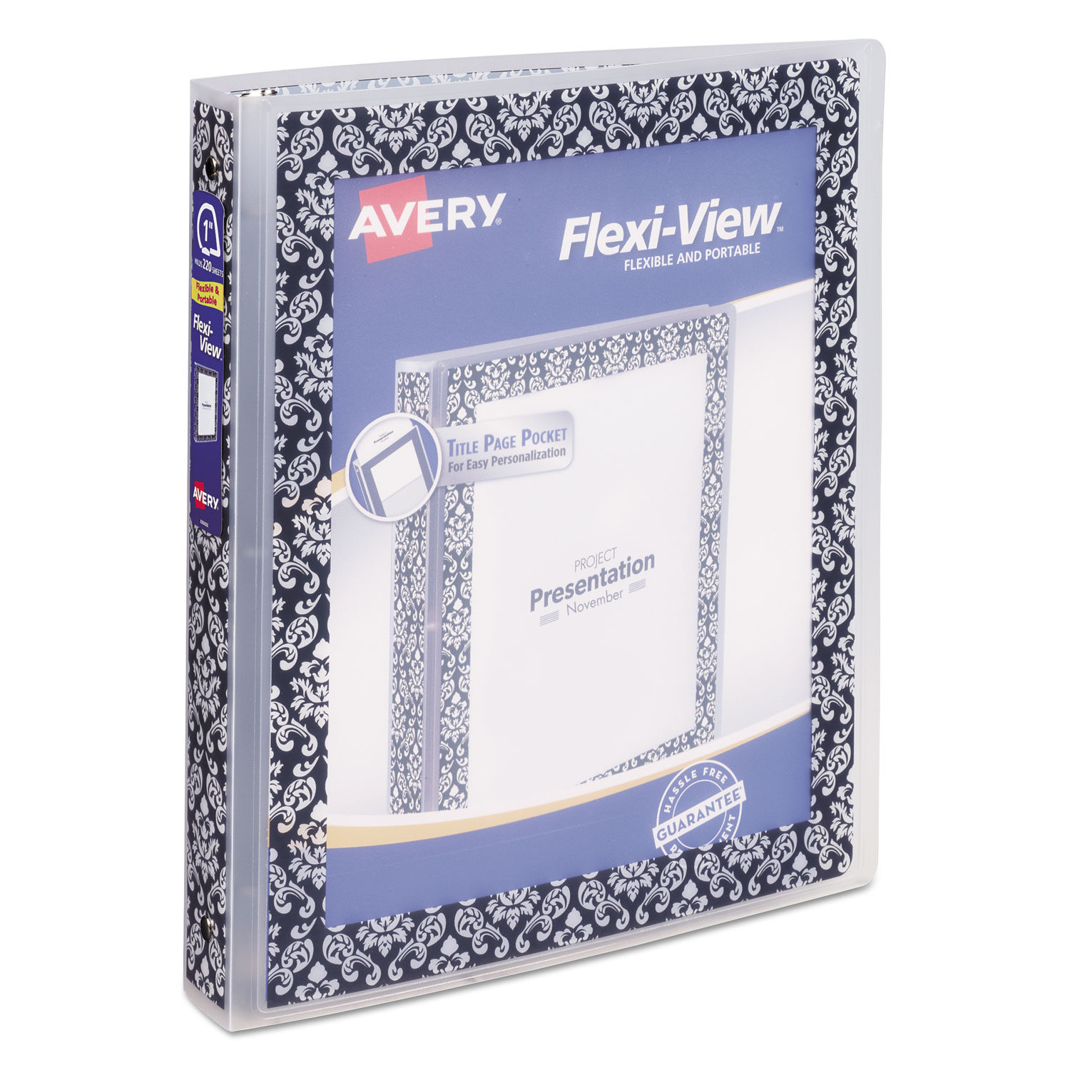  Avery 17644 Flexi-View Binder with Round Rings, 3 Rings, 1 Capacity, 11 x 8.5, Black/White Damask (AVE17644) 