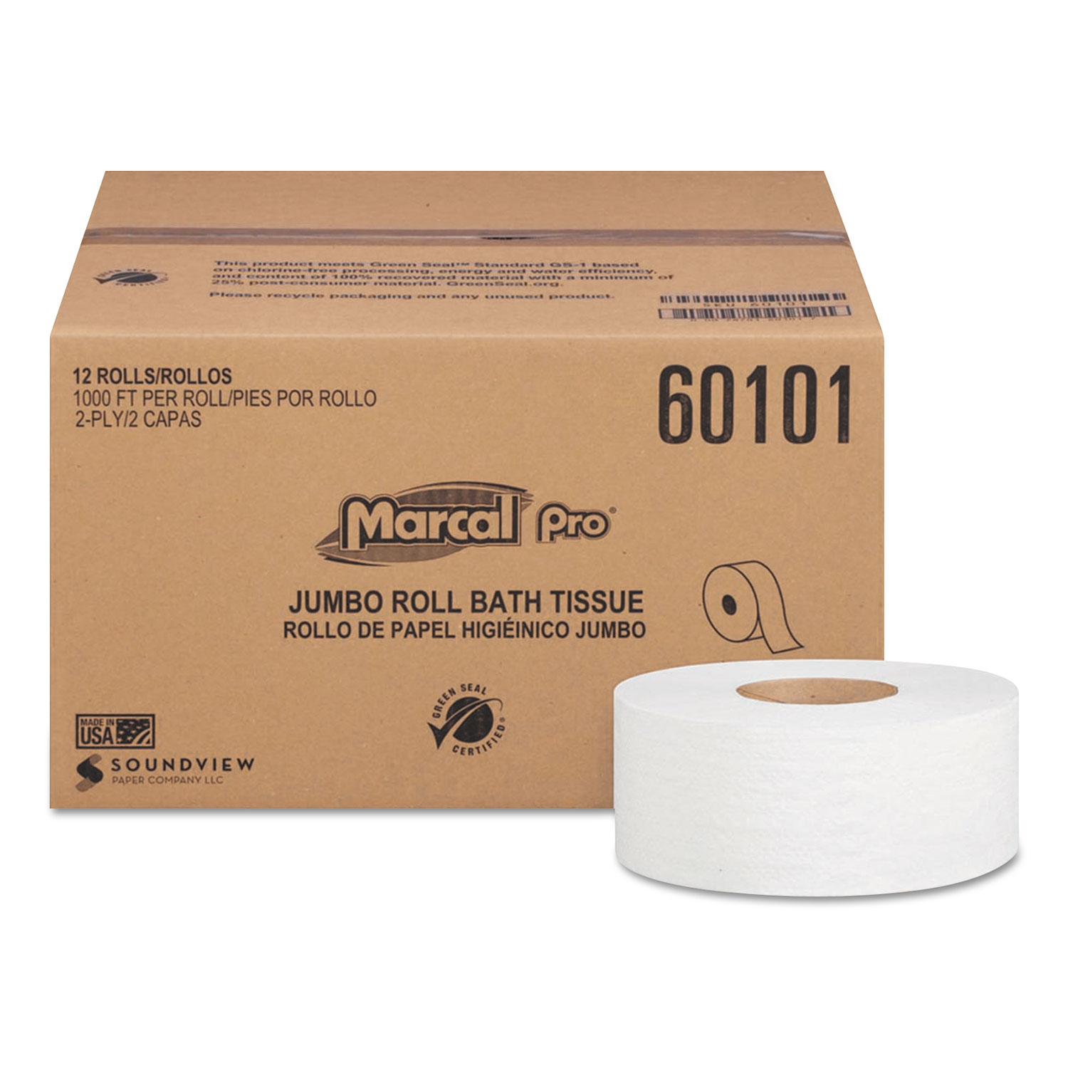  Marcal PRO 60101 100% Recycled Bathroom Tissue, Septic Safe, 2-Ply, White, 3.3 x 1000 ft, 12 Rolls/Carton (MRC60101) 