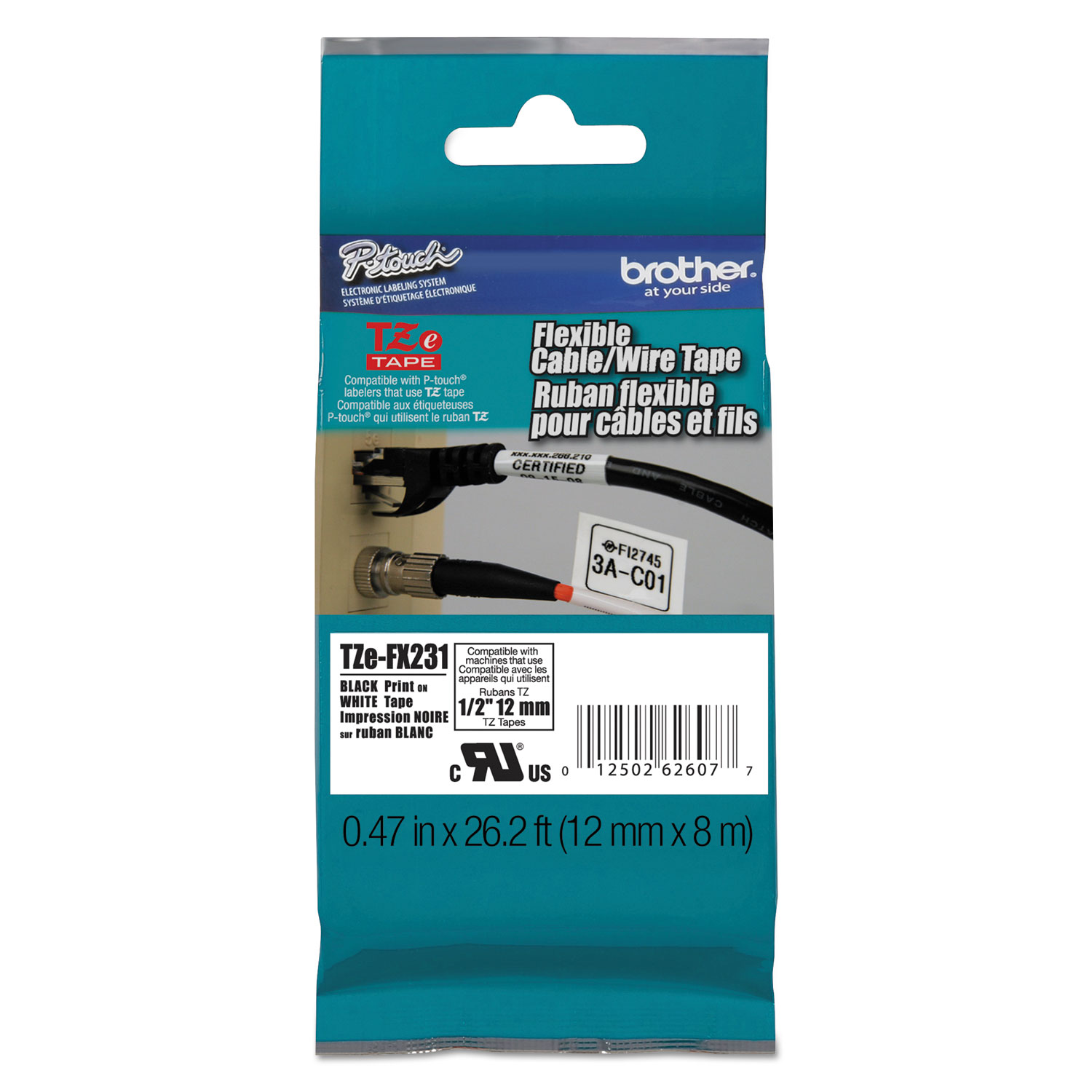  Brother P-Touch TZEFX231 Flexible ID Tape, 0.47 x 26.2 ft, Black on White (BRTTZEFX231) 