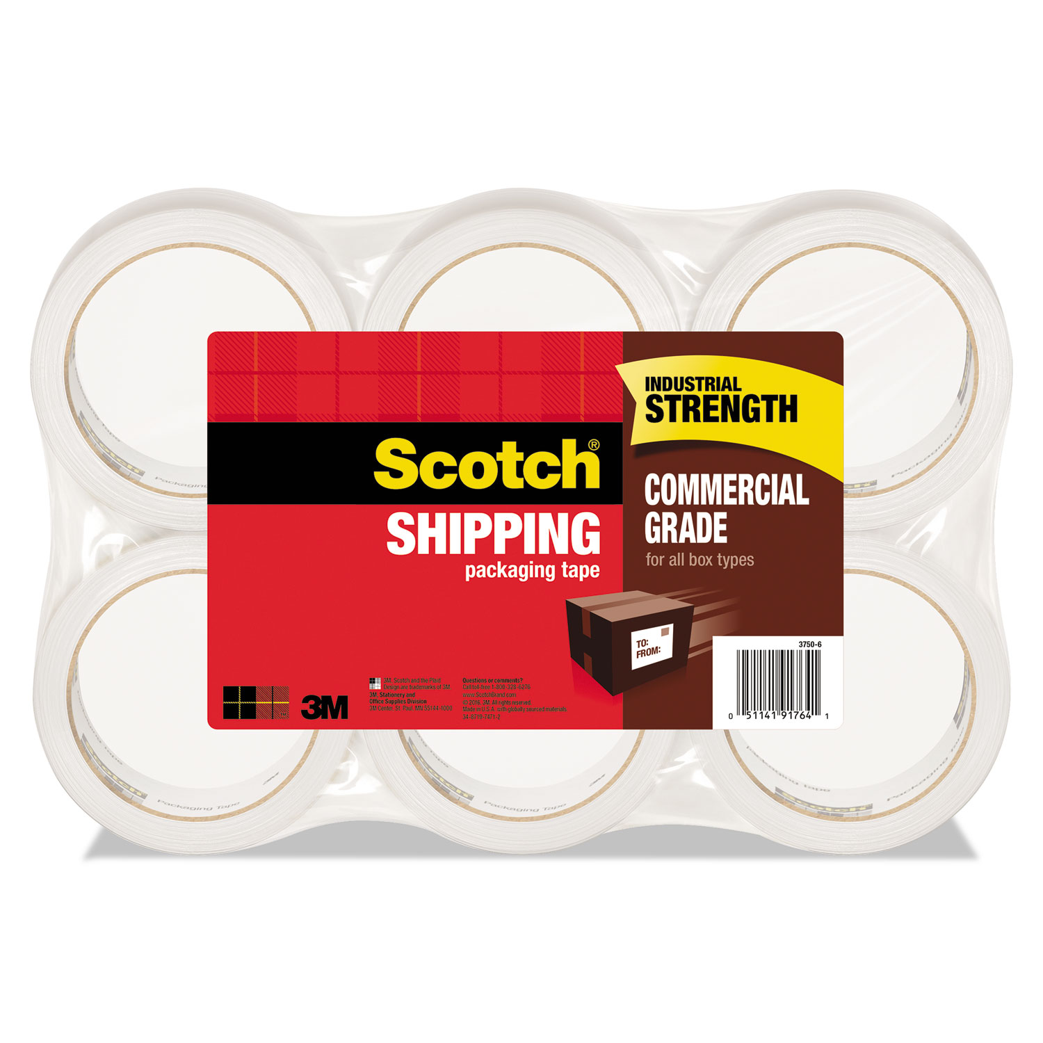  Scotch 3750-6 3750 Commercial Grade Packaging Tape, 3 Core, 1.88 x 54.6 yds, Clear, 6/Pack (MMM37506) 