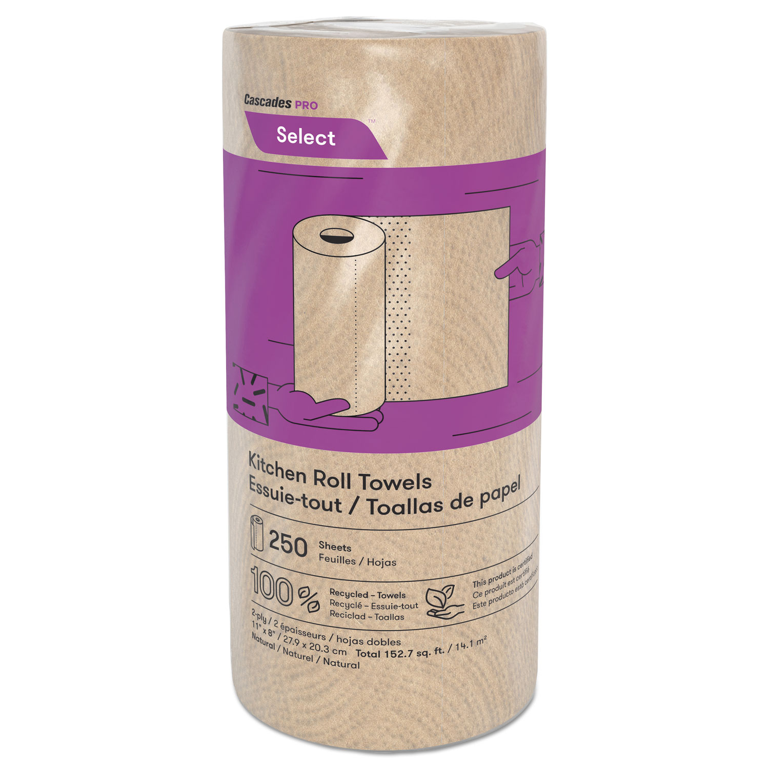  Cascades PRO K251 Select Kitchen Roll Towels, 2-Ply, 11 x 166.6 ft, Natural, 250/Roll, 12/Carton (CSDK251) 