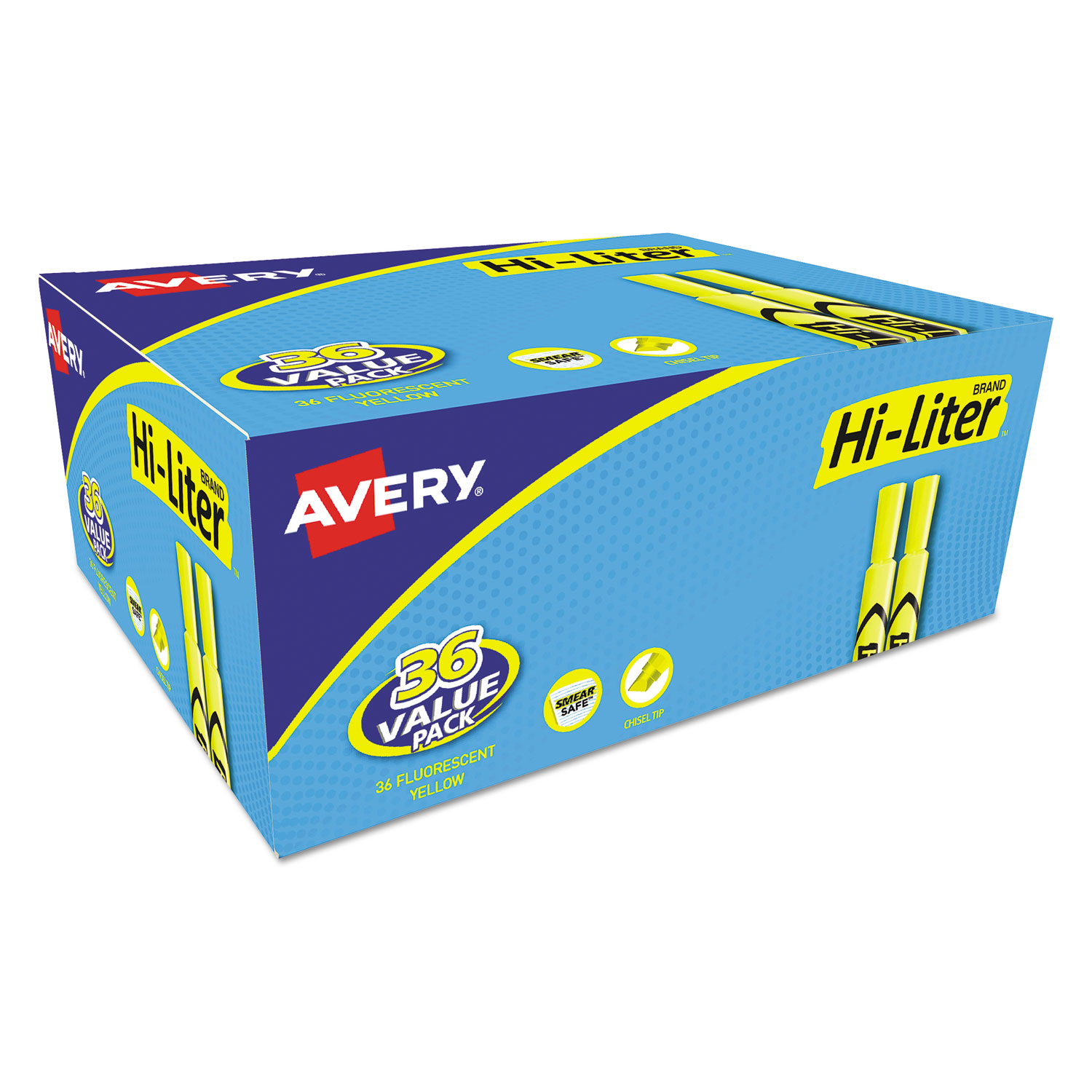  Avery 98208 HI-LITER Desk-Style Highlighters, Chisel Tip, Fluorescent Yellow, 36/Box (AVE98208) 