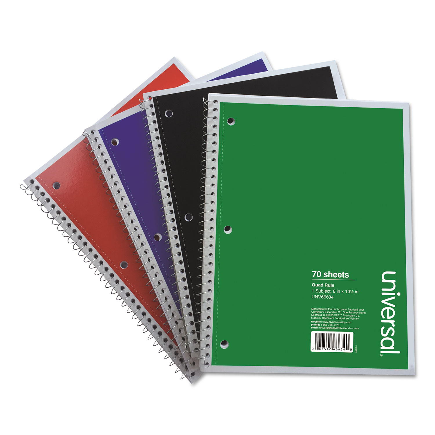 Wirebound Notebook, Quadrille Rule, 8 x 10.5, 1 Subject, Assorted, 4/Pack