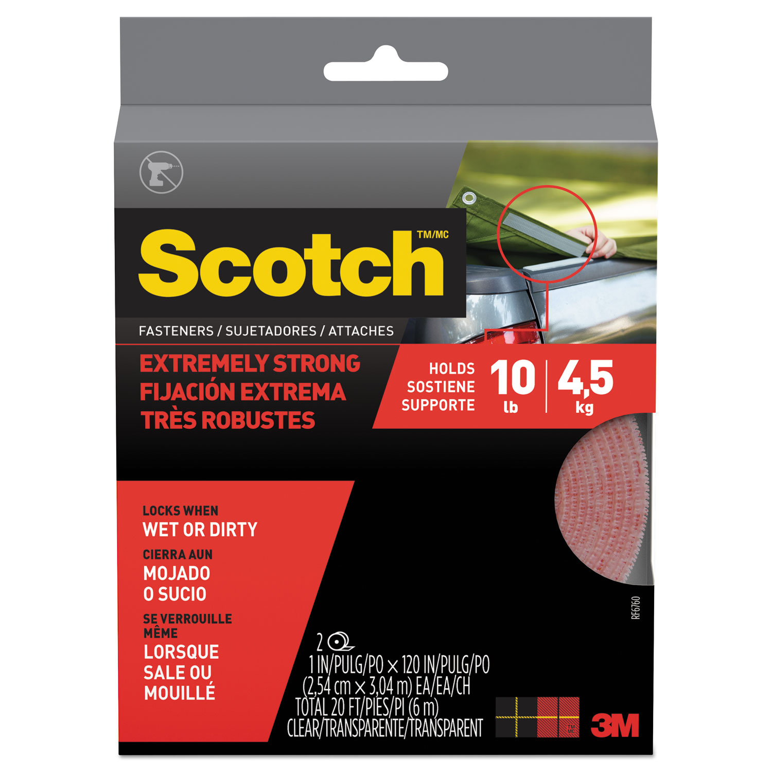 Scotch RF6760 Extreme Fasteners, 1 x 10 ft, Clear, 2/Pack (MMMRF6760) 