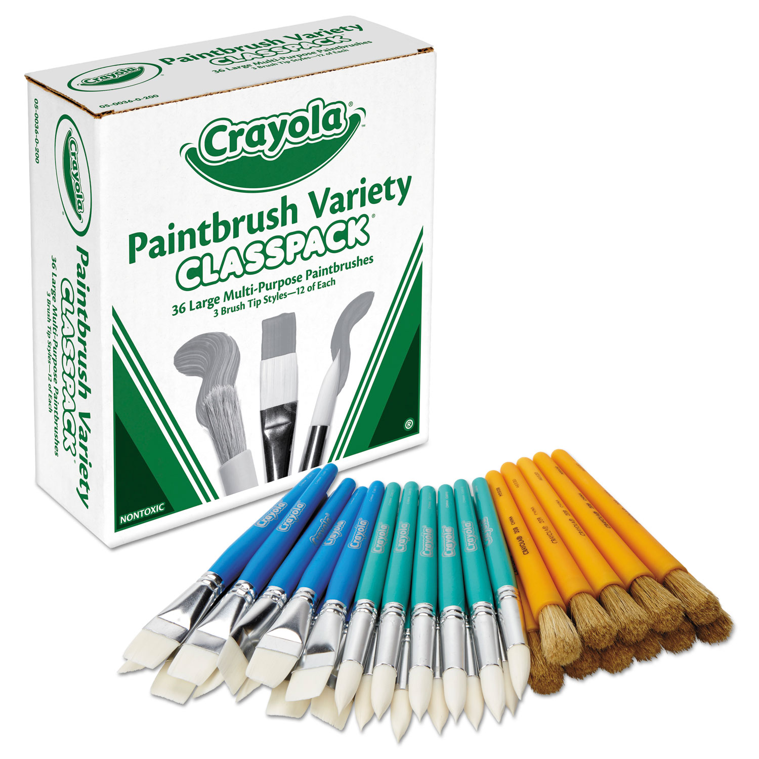 Large Variety Paint Brush Classpack, Natural Bristle/Nylon, Flat/Round, 36/Set