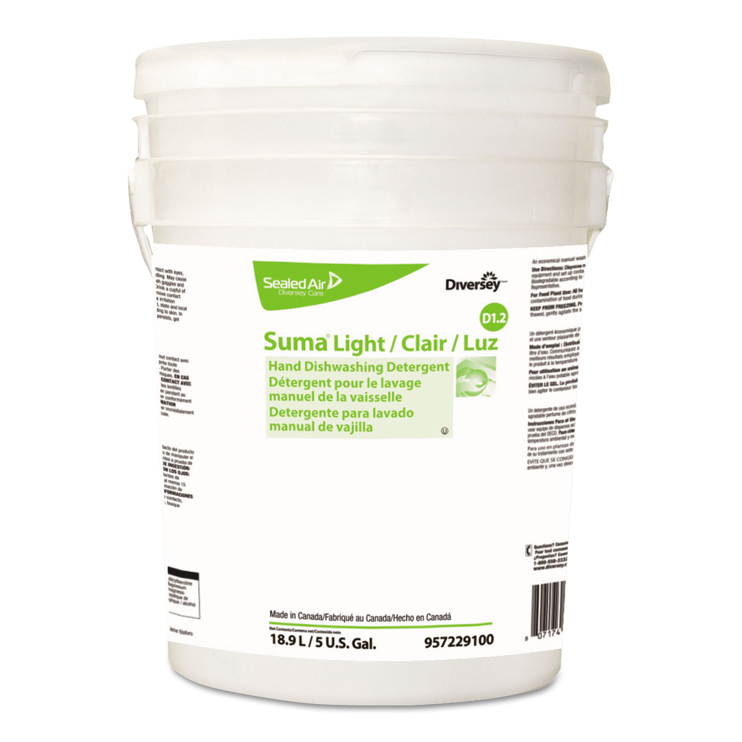  Diversey 957229100 Suma Light D1.2 Hand Dishwashing Detergent, Liquid, Citrus, 5 gal Pail (DVO957229100) 