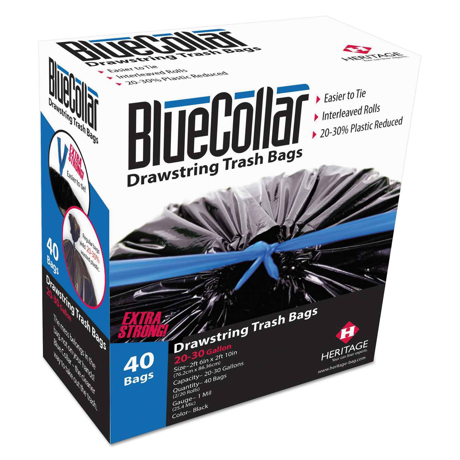  BlueCollar N6034YK RC1 Drawstring Trash Bags, 30 gal, 1 mil, 30 x 34, Black, 40/Box (HERN6034YKRC1) 