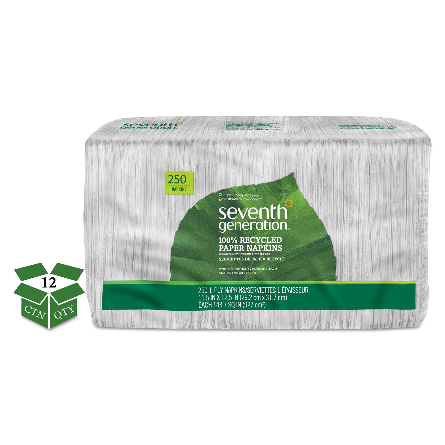 100% Recycled Napkins, 1-Ply, 11 1/2 x 12 1/2, White, 250/Pack, 12 Packs/Carton