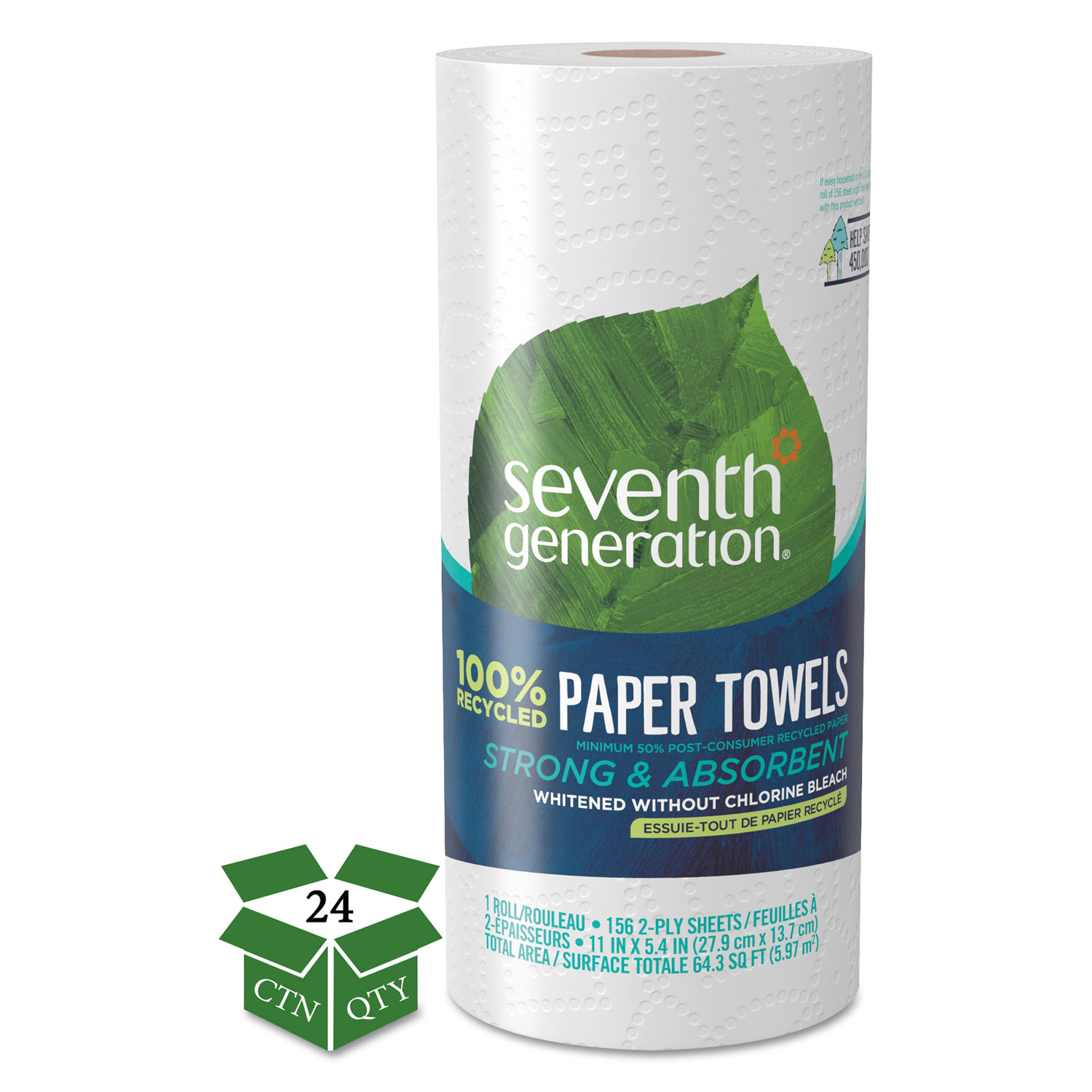  Seventh Generation 13722 100% Recycled Paper Towel Rolls, 2-Ply, 11 x 5.4 Sheets, 156 Sheets/RL, 24 RL/CT (SEV13722) 