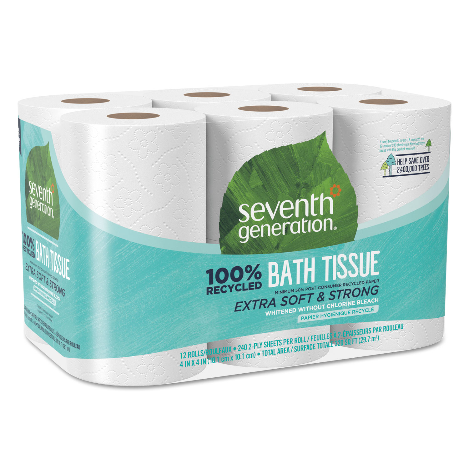  Seventh Generation 13733 100% Recycled Bathroom Tissue, Septic Safe, 2-Ply, White, 240 Sheets/Roll, 12/Pack (SEV13733PK) 