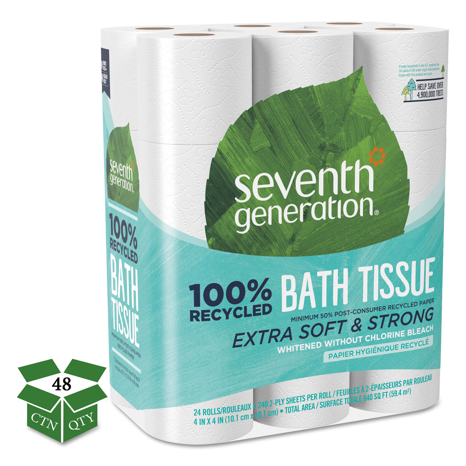  Seventh Generation SEV 13738CT 100% Recycled Bathroom Tissue, Septic Safe, 2-Ply, White, 240 Sheets/Roll, 24/Pack, 2 Packs/Carton (SEV13738CT) 