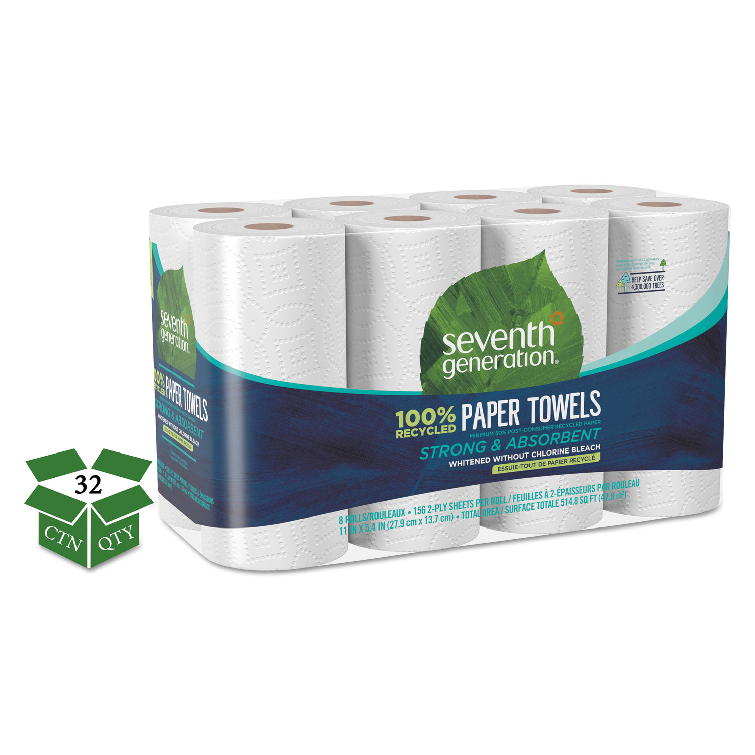  Seventh Generation 13739 100% Recycled Paper Towel Rolls, 2-Ply, 11 x 5.4 Sheets, 156 Sheets/RL, 32RL/CT (SEV13739CT) 