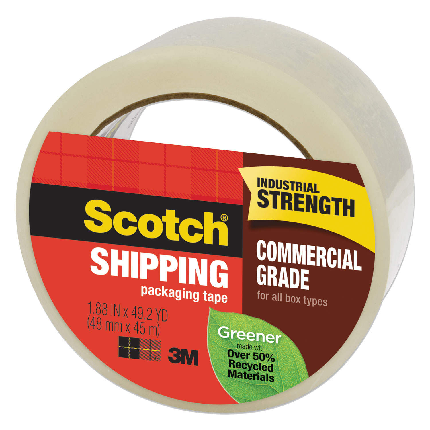 Greener Commercial Grade Packaging Tape, 1.88 x 49.2 yd, 3 Core, Clear