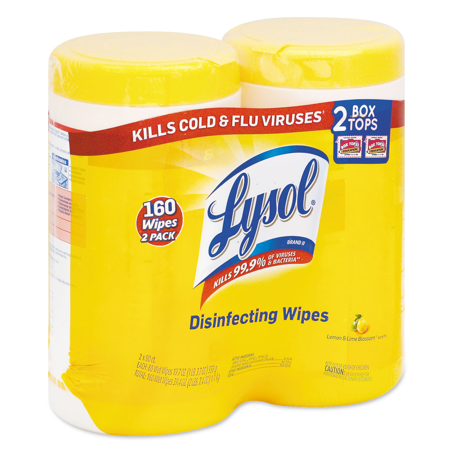 Disinfecting Wipes, 7 x 8, Lemon and Lime Blossom, 80 Wipes/Canister, 2 Canisters/Pack