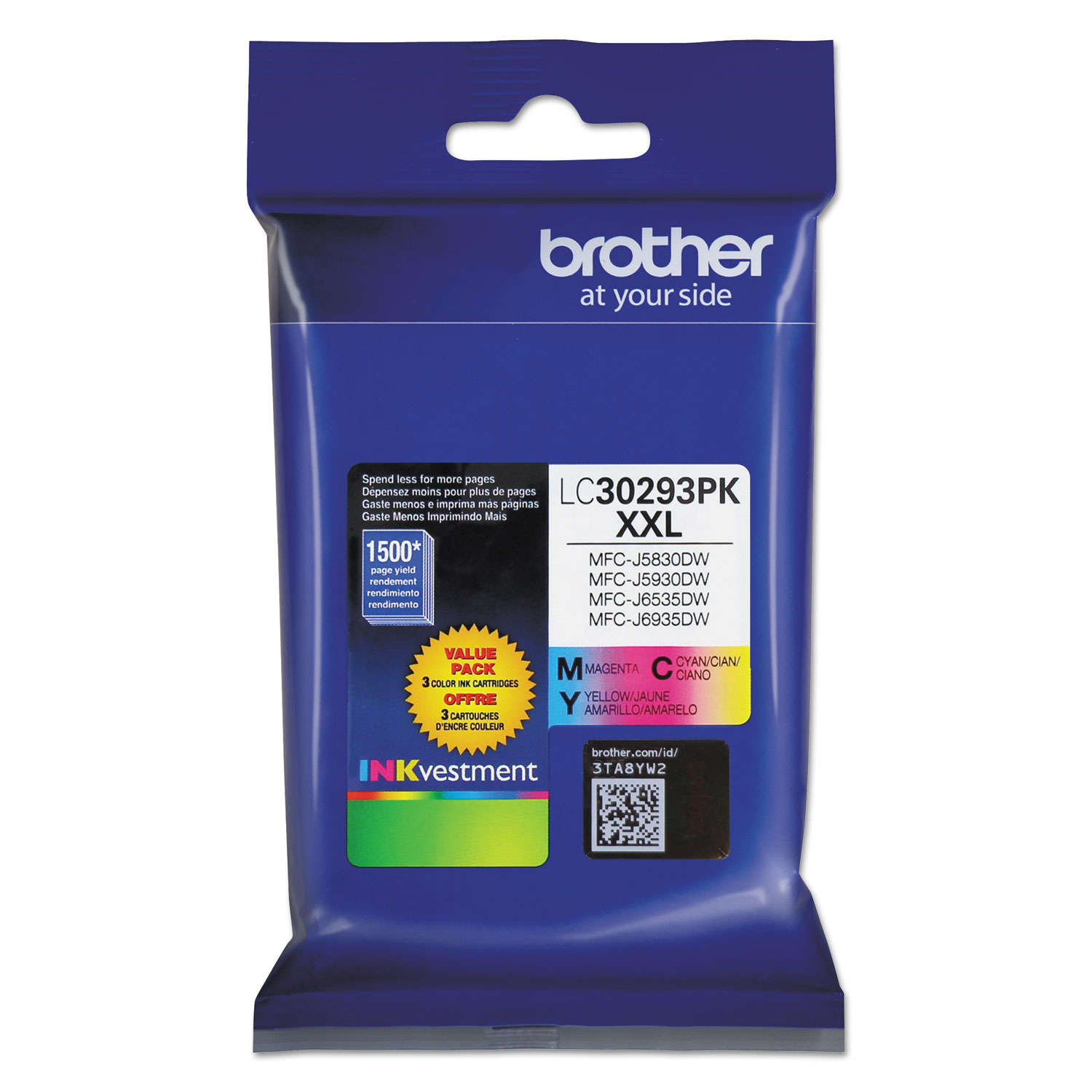  Brother LC30293PK LC30293PK INKvestment Super High-Yield Ink, 1500 Page-Yield, Cyan/Magenta/Yellow (BRTLC30293PK) 