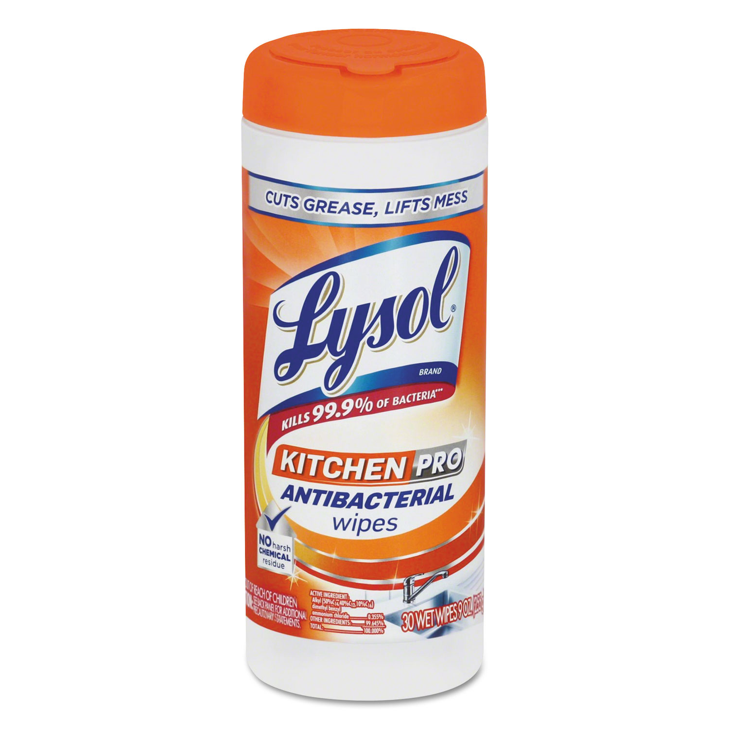 LYSOL Brand 19200-96268 Kitchen Pro Antibacterial Wipes, Citrus, 7x8, White, 30/Canister, 6 Cans/Carton (RAC96268) 