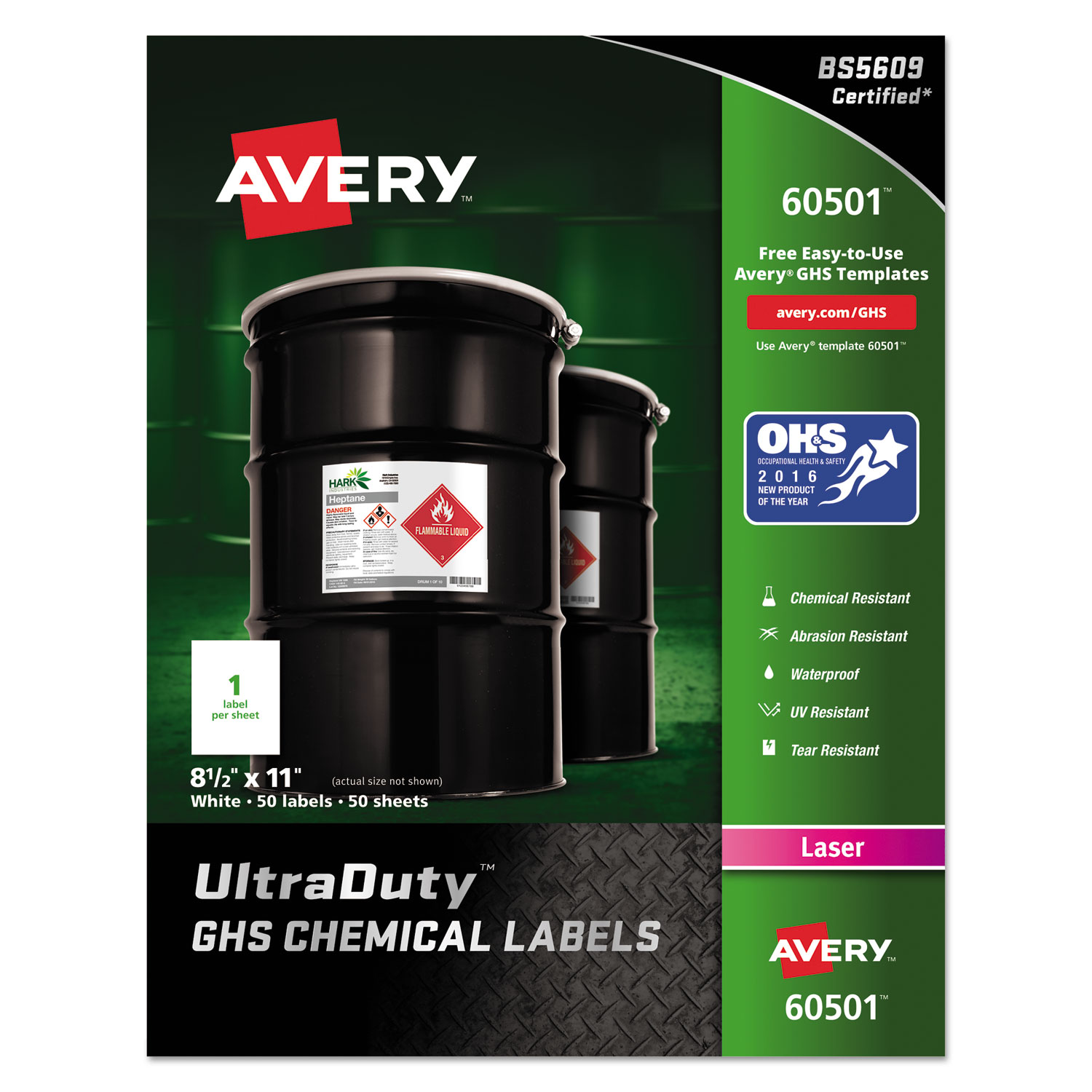  Avery 60501 UltraDuty GHS Chemical Waterproof and UV Resistant Labels, 8.5 x 11, White, 50/Box (AVE60501) 