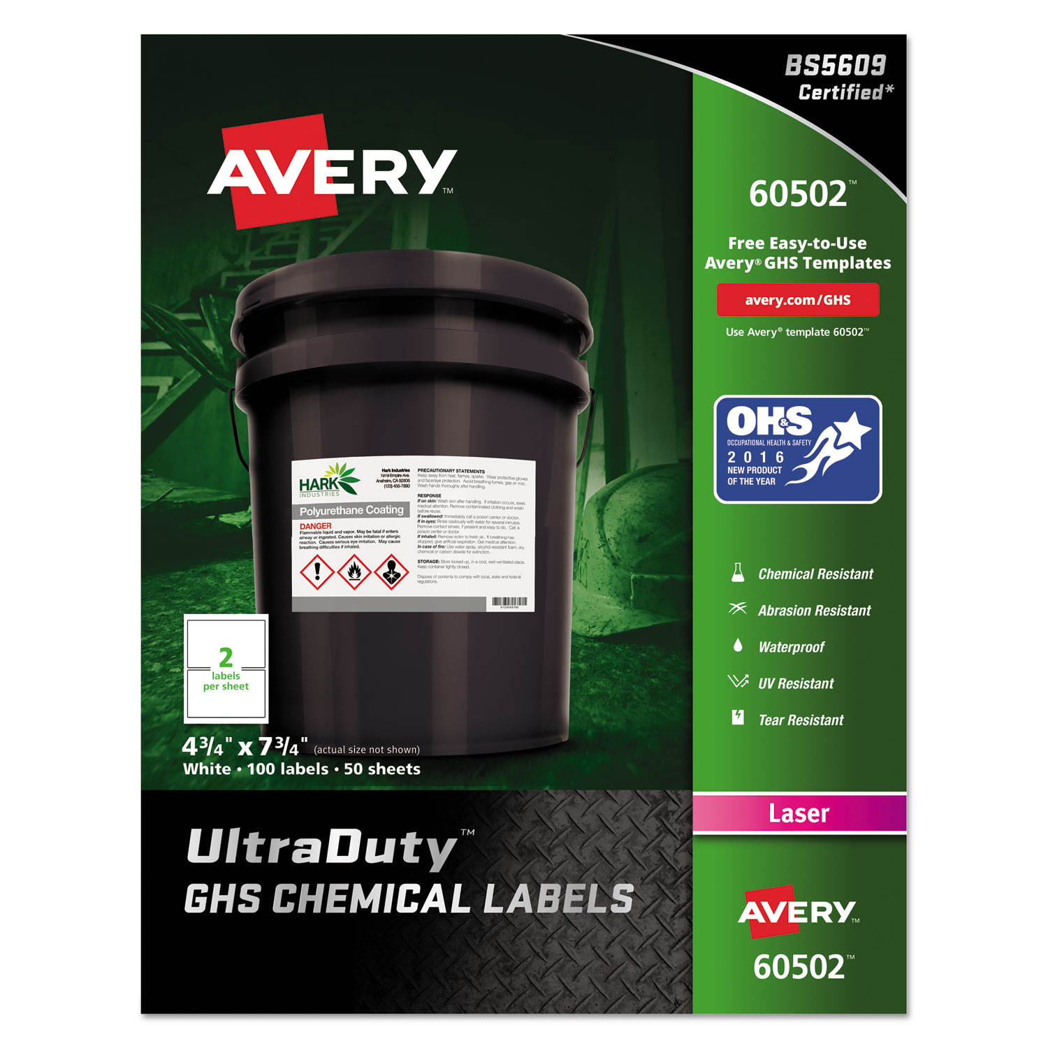  Avery 60502 UltraDuty GHS Chemical Waterproof and UV Resistant Labels, 4.75 x 7.75, White, 2/Sheet, 50 Sheets/Box (AVE60502) 
