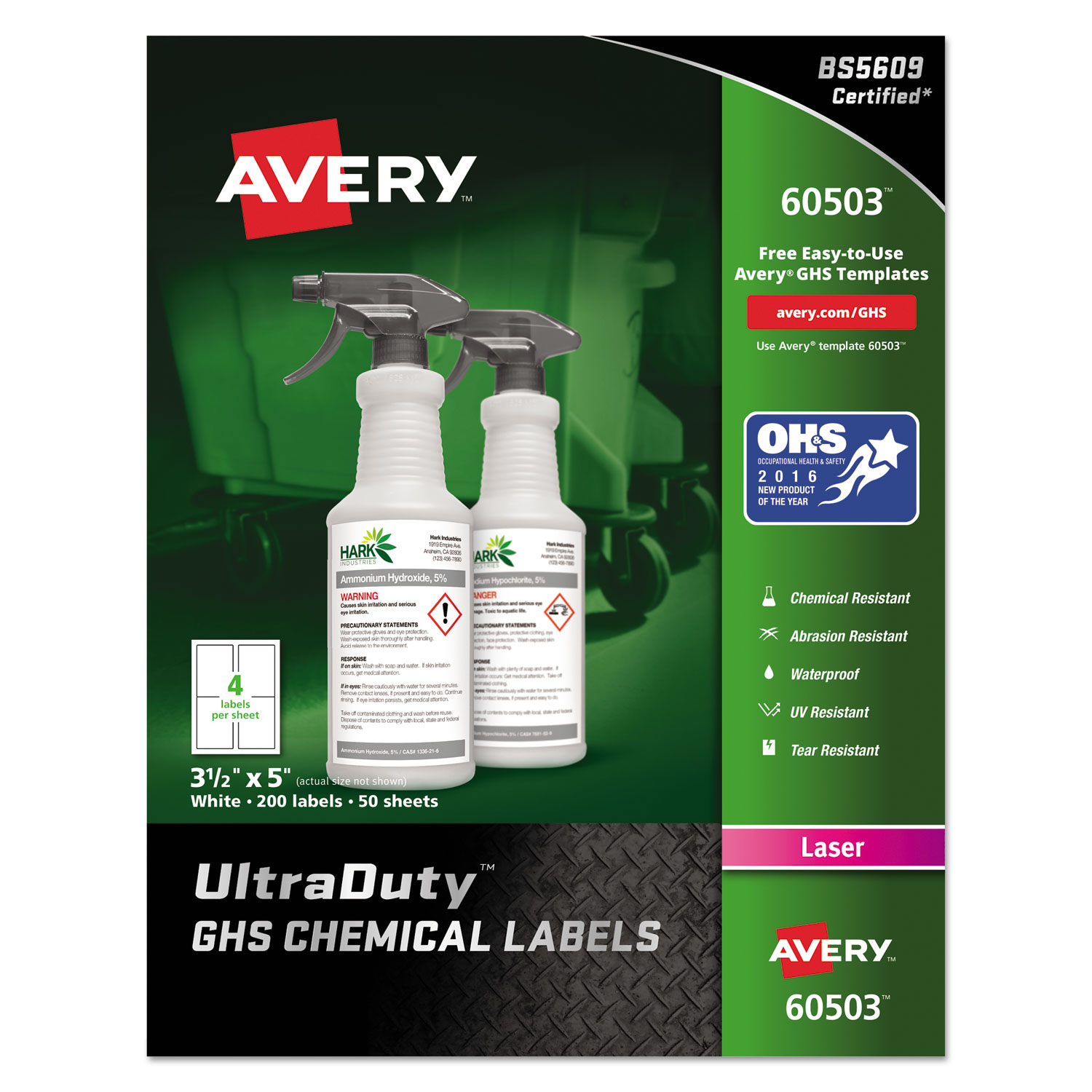  Avery 60503 UltraDuty GHS Chemical Waterproof and UV Resistant Labels, 3.5 x 5, White, 4/Sheet, 50 Sheets/Box (AVE60503) 