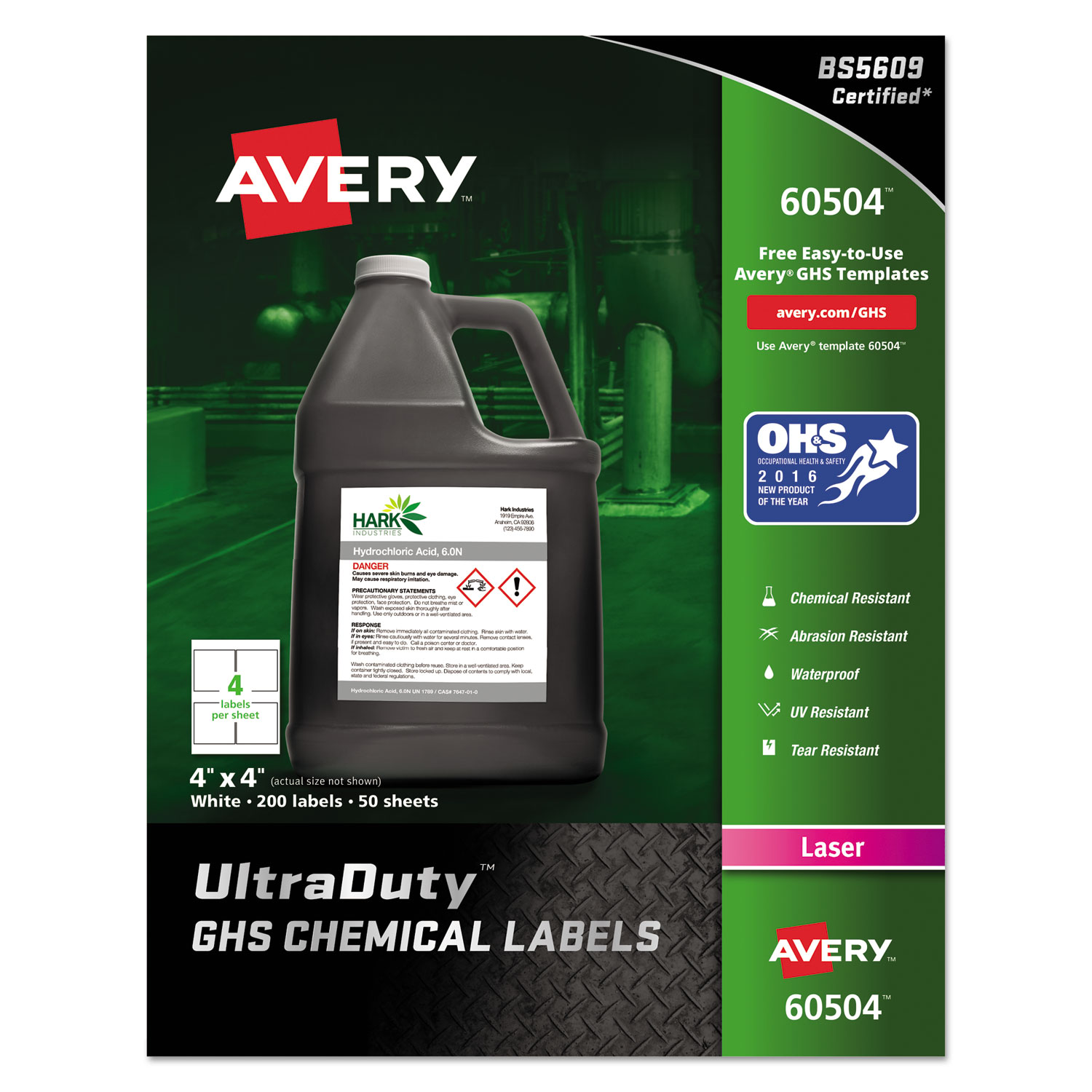  Avery 60504 UltraDuty GHS Chemical Waterproof and UV Resistant Labels, 4 x 4, White, 4/Sheet, 50 Sheets/Box (AVE60504) 