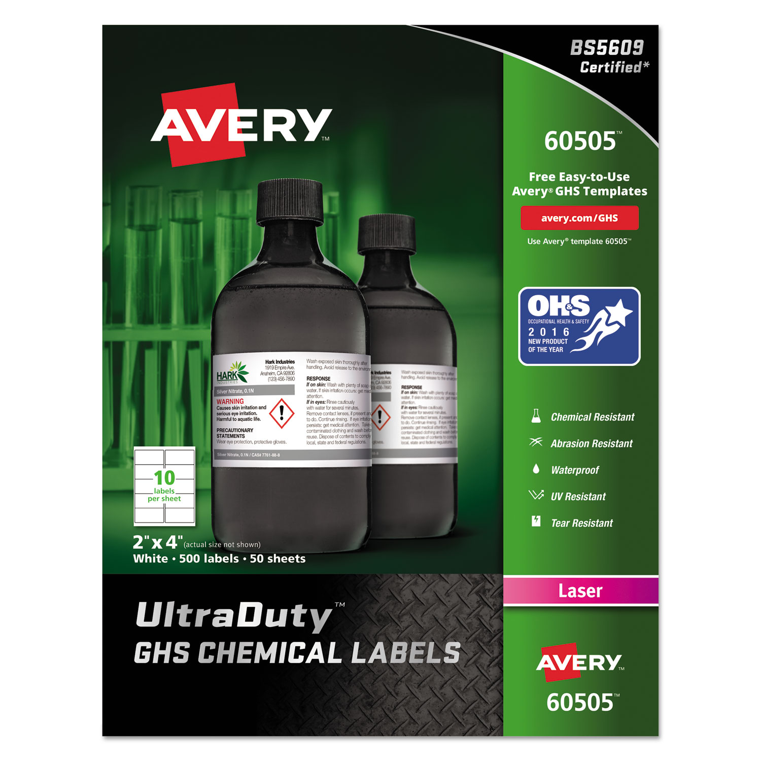  Avery 60505 UltraDuty GHS Chemical Waterproof and UV Resistant Labels, 2 x 4, White, 10/Sheet, 50 Sheets/Box (AVE60505) 