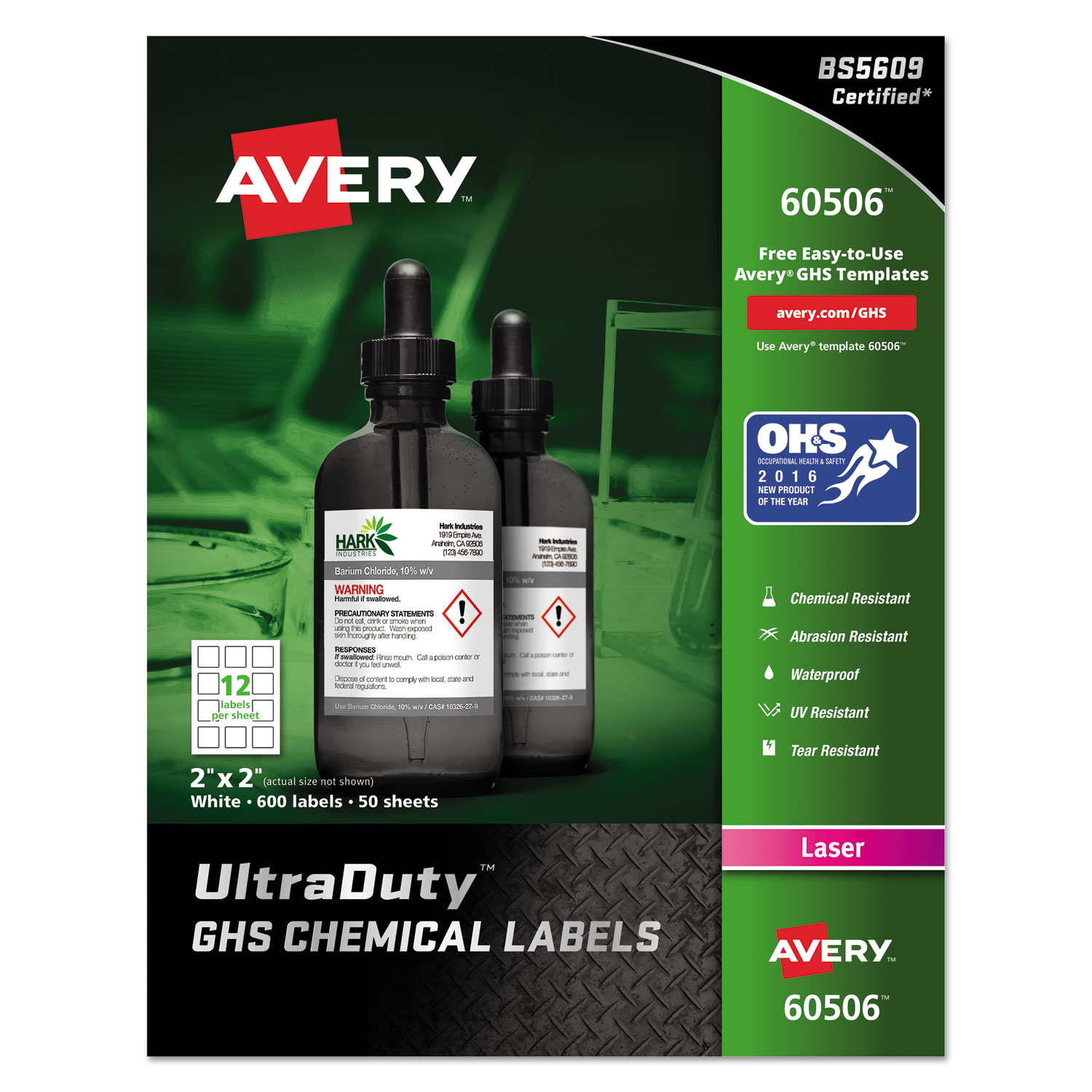  Avery 60506 UltraDuty GHS Chemical Waterproof and UV Resistant Labels, 2 x 2, White, 12/Sheet, 50 Sheets/Box (AVE60506) 