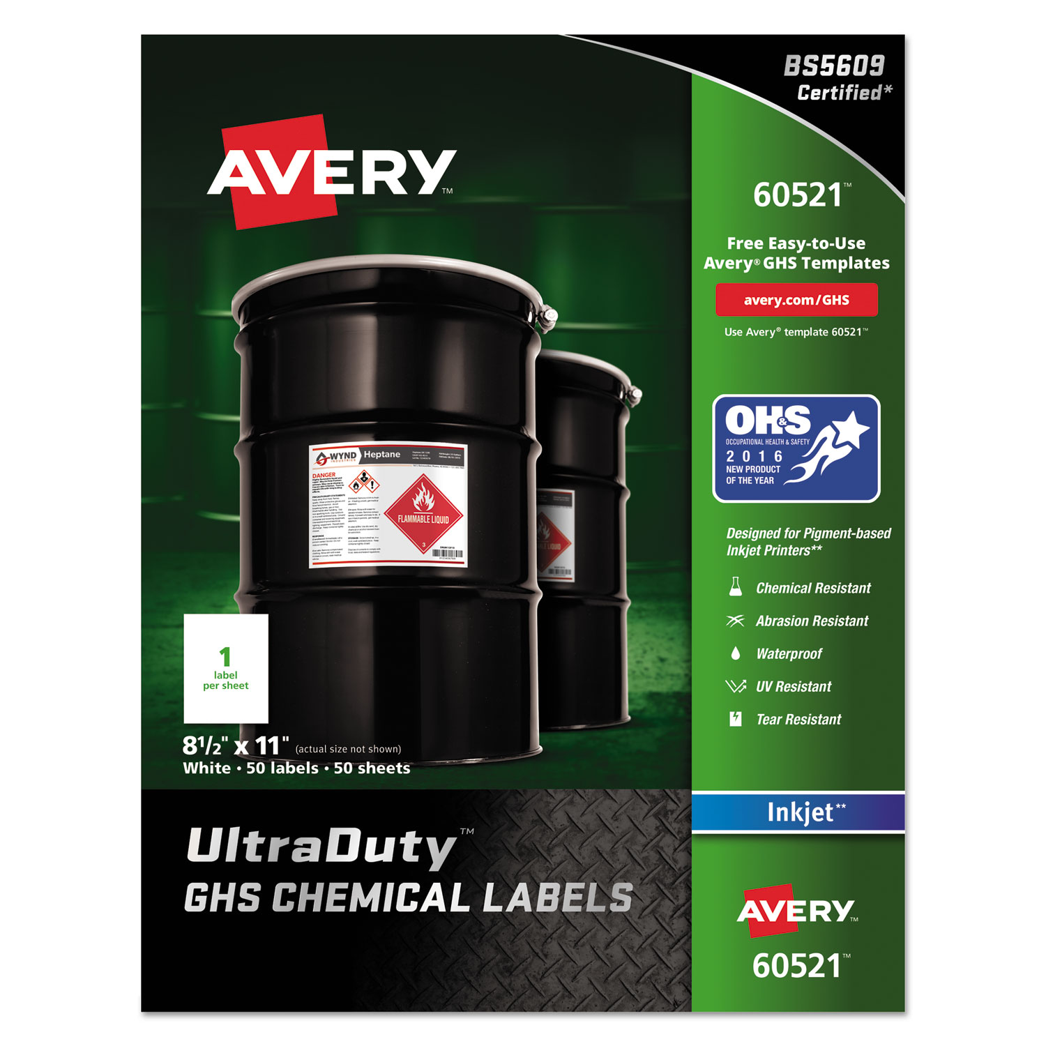  Avery 60521 UltraDuty GHS Chemical Waterproof and UV Resistant Labels, 8.5 x 11, White, 50/Pack (AVE60521) 