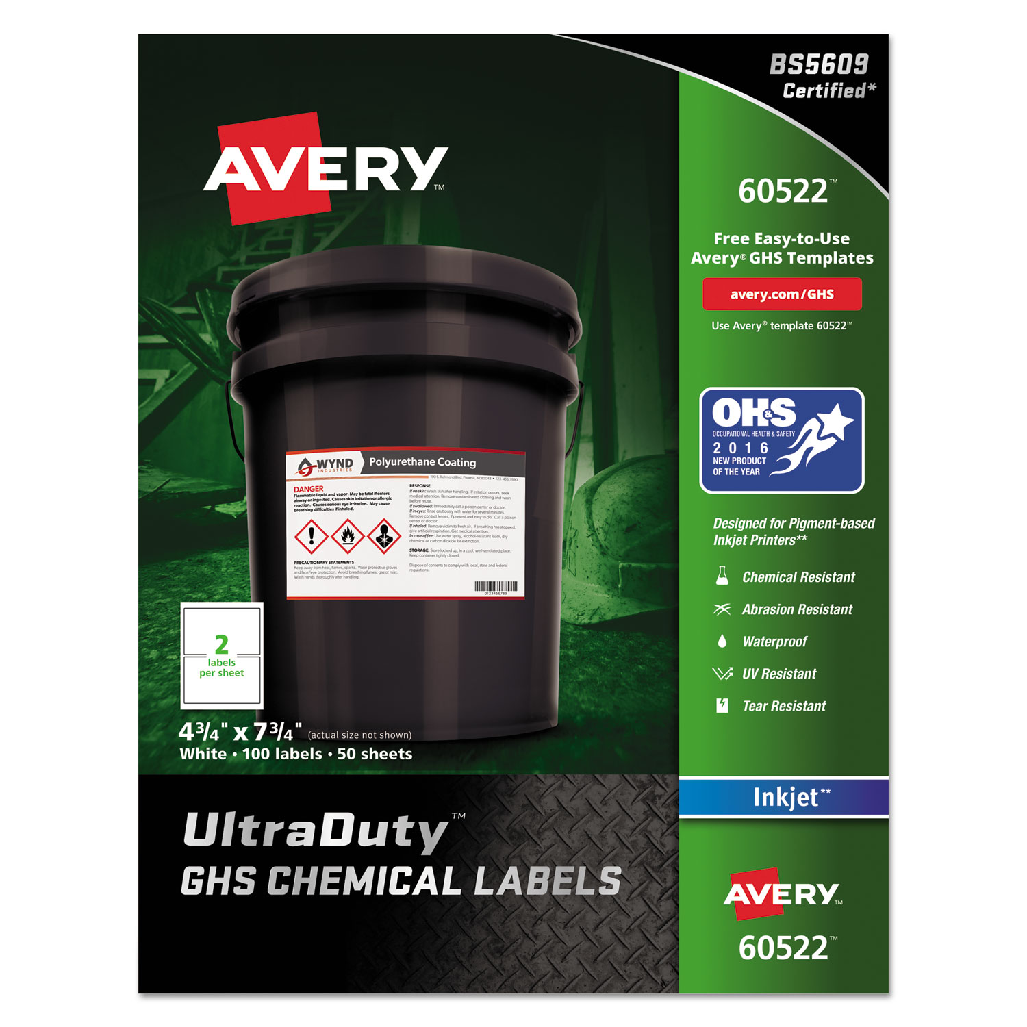  Avery 60522 UltraDuty GHS Chemical Waterproof and UV Resistant Labels, 4.75 x 7.75, White, 2/Sheet, 50 Sheets/Pack (AVE60522) 